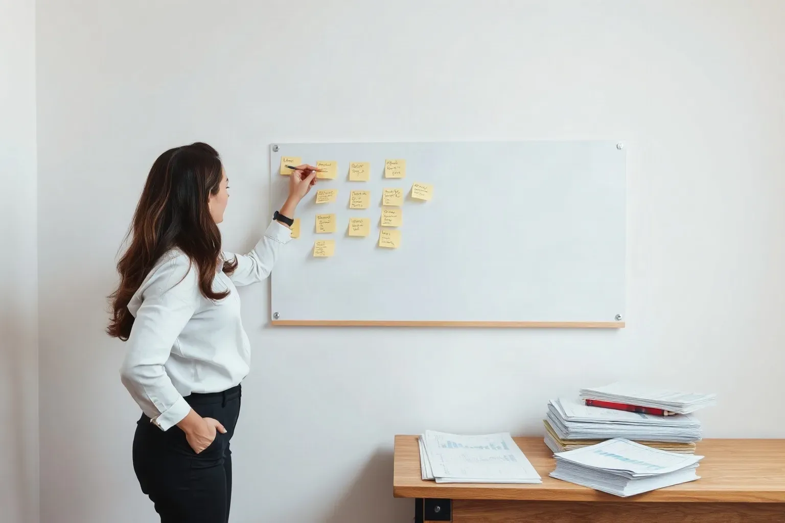 A person writes on a sticky note fixed to a board covered in yellow sticky notes, beside a desk stacked with papers