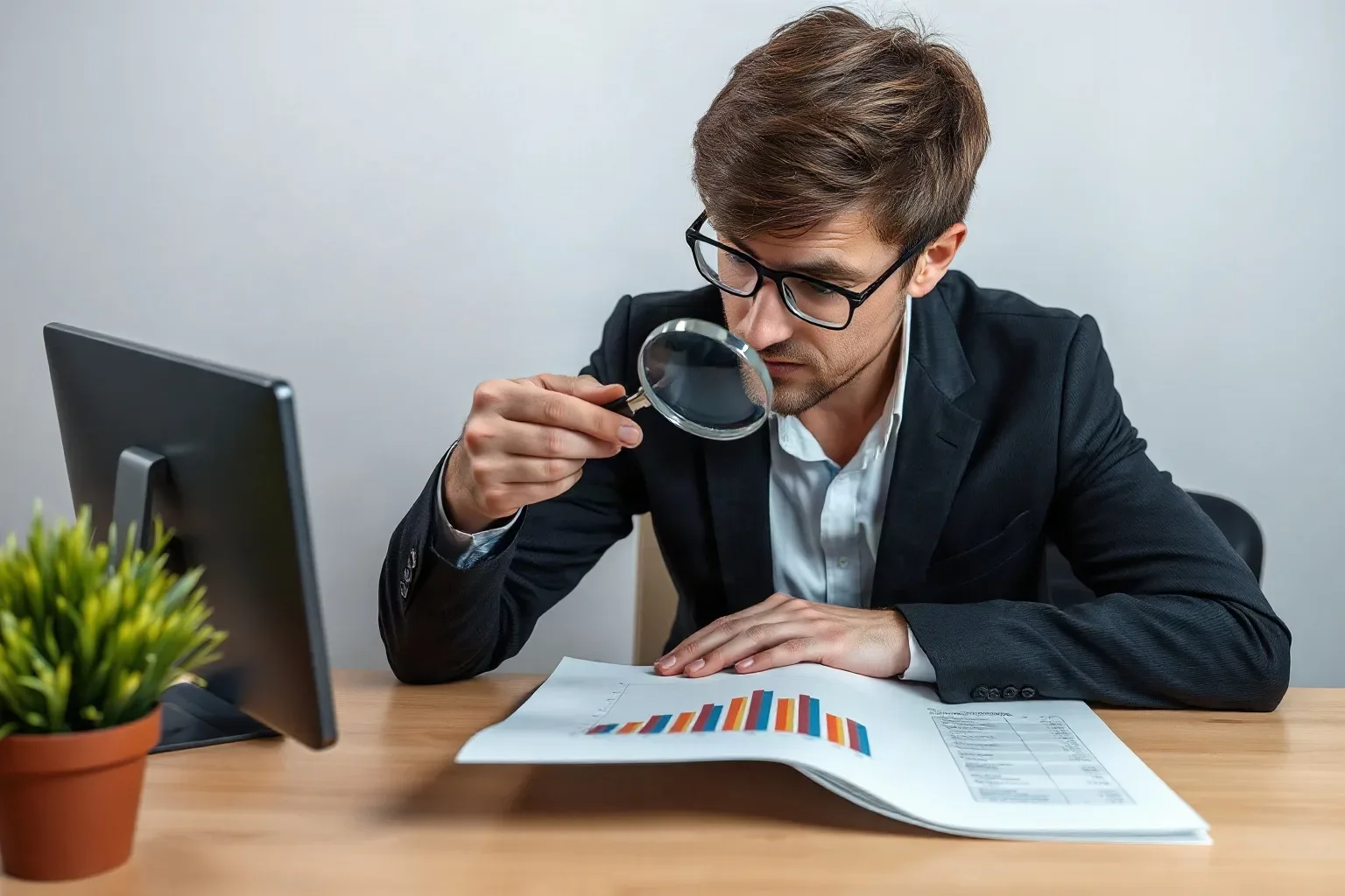 A person in a dark suit and glasses examines a printed bar chart document through a magnifying glass whilst seated at a wooden desk