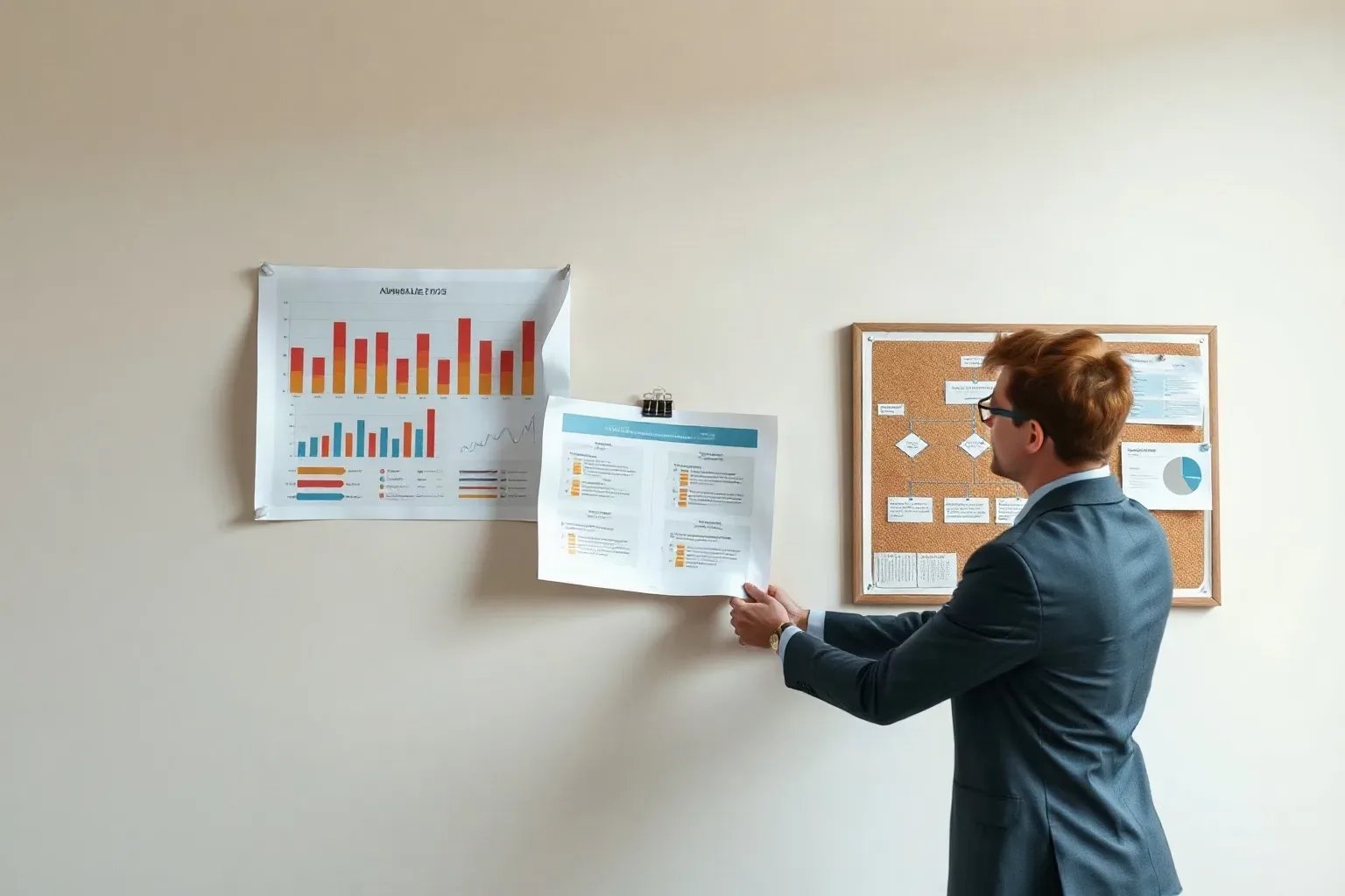A marketing professional taping a fresh printed analytics chart beneath an existing one on the wall while a structured flowchart diagram pinned to a nearby corkboard provides a reference framework