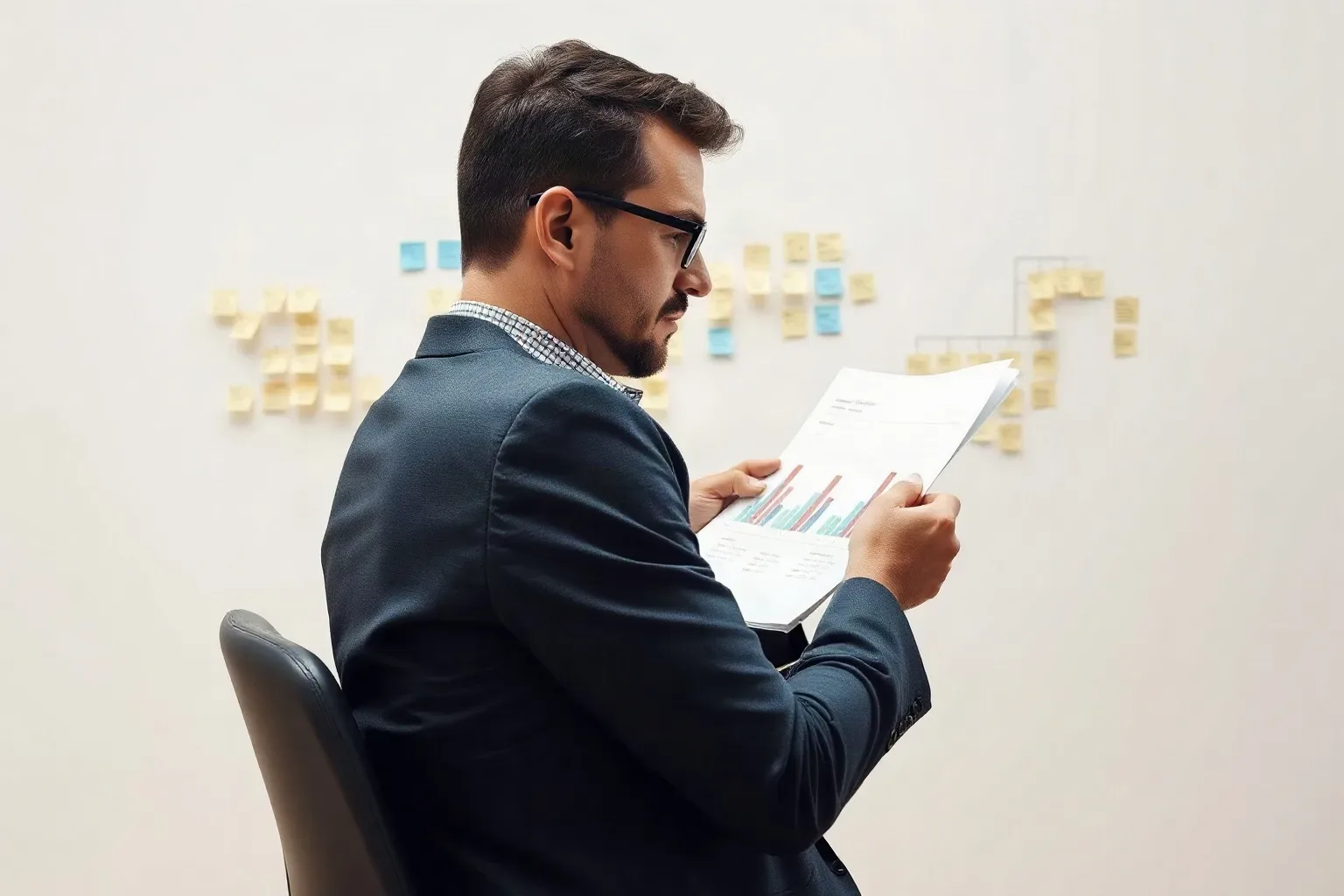 A marketing professional seated sideways at a desk flipping through a sheaf of printed bar and line analytics charts while sticky-note keyword clusters in a hierarchy cover the wall in the background