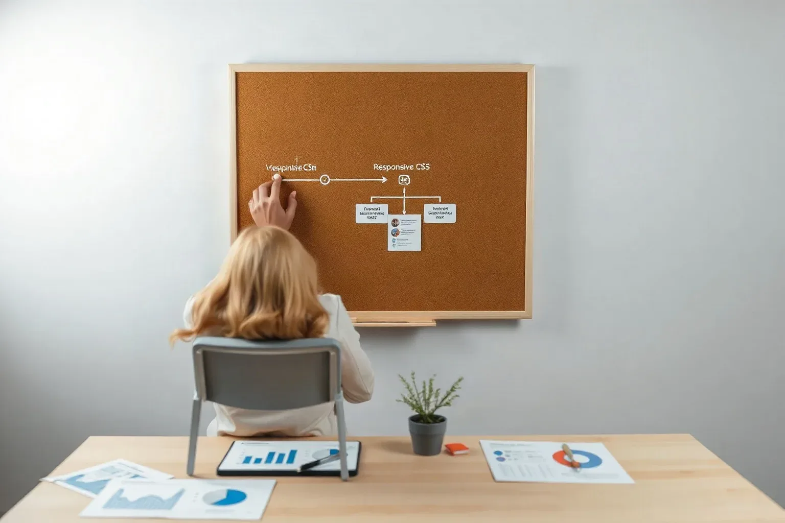 A marketing professional at a corkboard pinning a structured flowchart diagram that sequences viewport configuration, responsive CSS, and breakpoint testing as linked nodes while printed analytics charts are arranged on the desk below