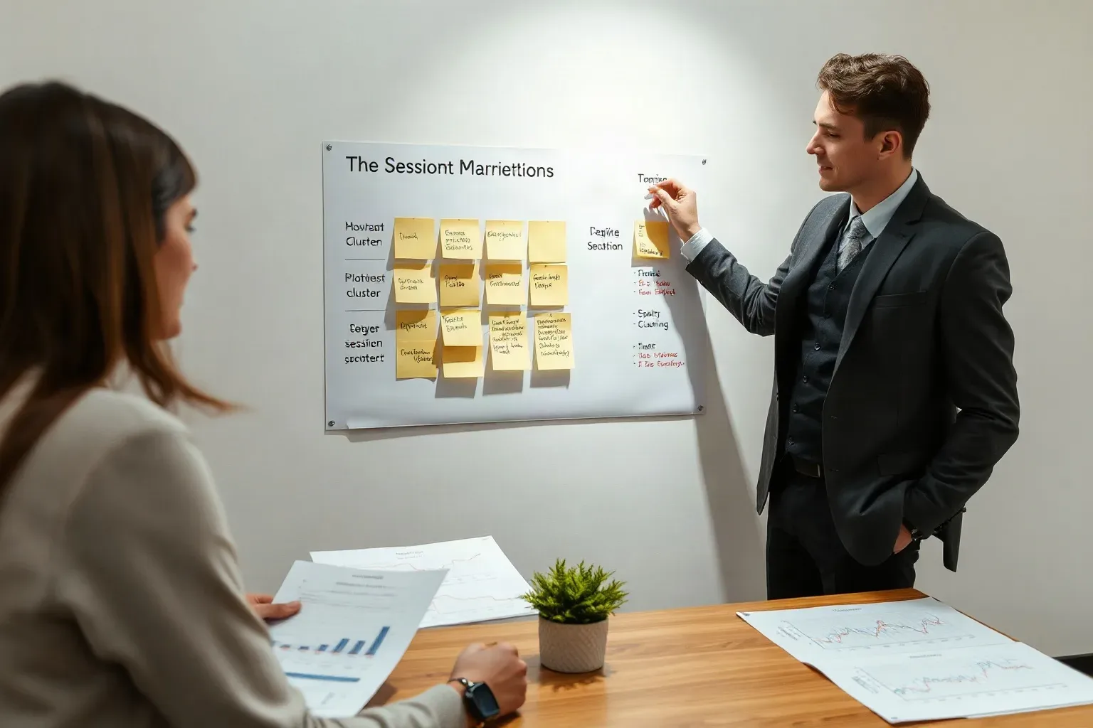 Two people in a meeting room, one standing and writing on a whiteboard covered in sticky notes arranged in a grid, the other seated at a desk holding printed charts