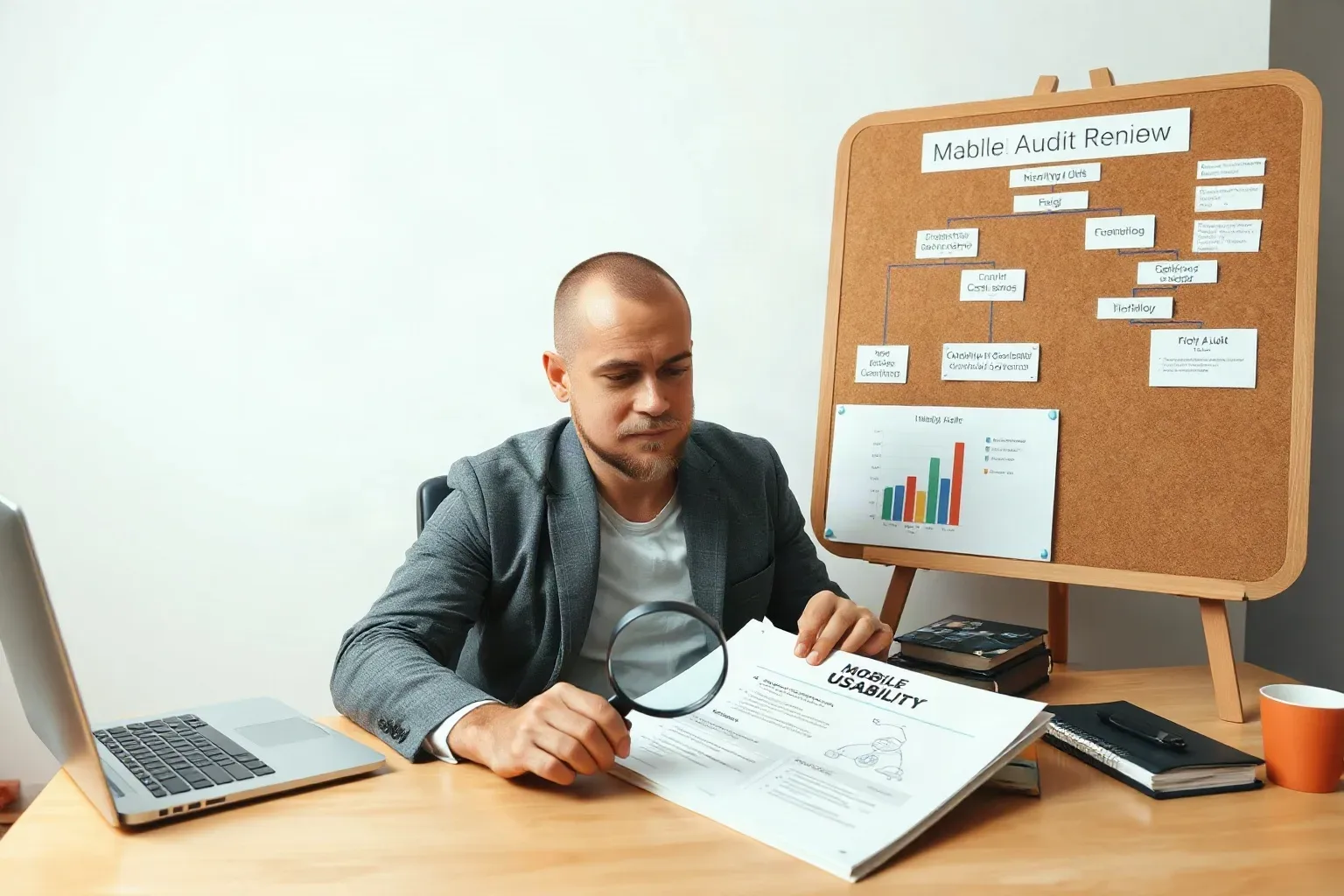A marketing professional seated at a desk pressing a magnifying glass onto a printed Mobile Usability report while a structured flowchart diagram on the nearby corkboard maps the monthly audit workflow