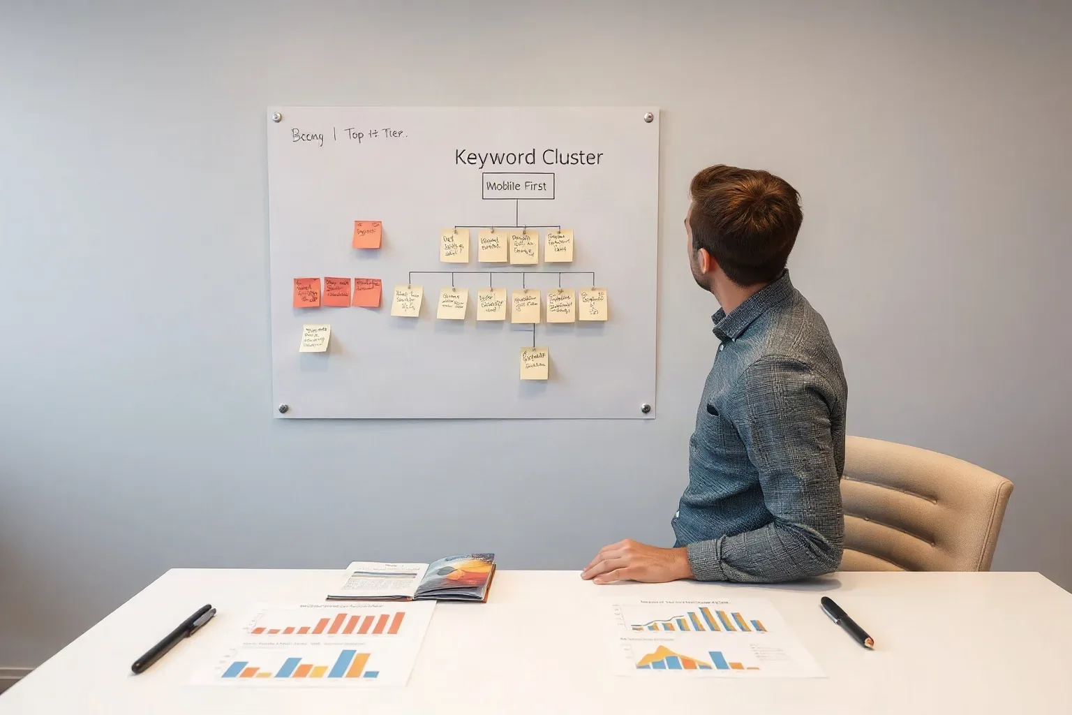 A person sits at a desk studying printed bar charts while looking at a sticky-note keyword cluster hierarchy arranged on a wall-mounted board