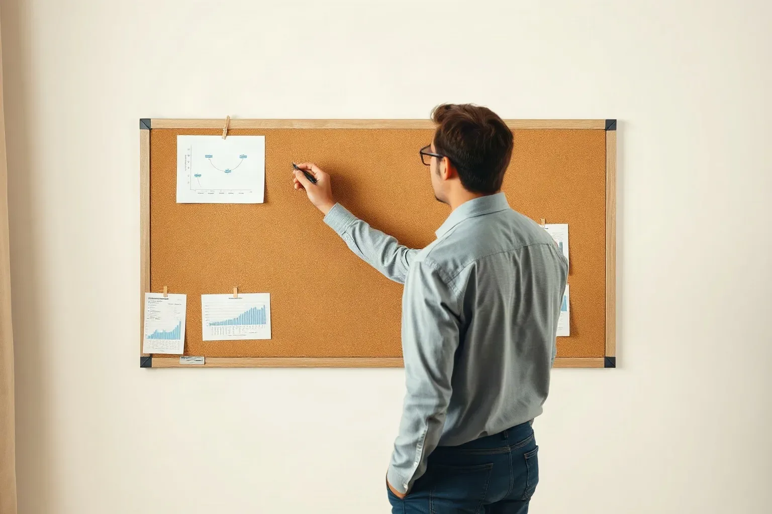 A person wearing glasses and a light blue shirt writes on a cork noticeboard displaying several pinned charts and documents