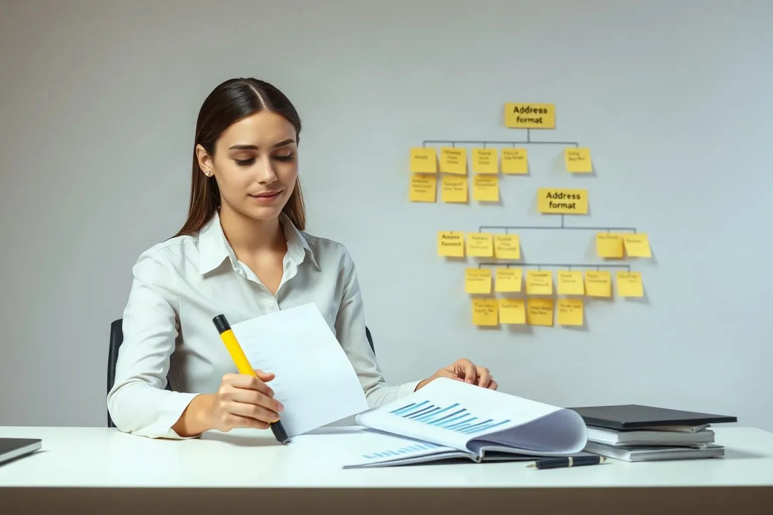 A marketing professional seated at a desk marking discrepancies on a printed bar chart with a highlighter while a sticky-note keyword cluster hierarchy on the wall shows address-format categories