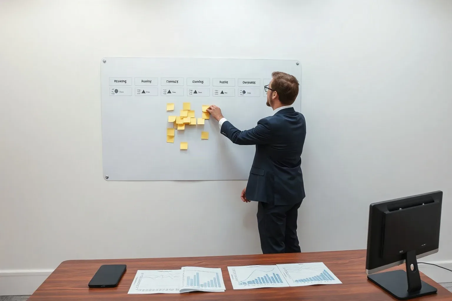 A person in a dark suit arranges yellow sticky notes on a glass wall board in an office, with printed charts and a monitor on the desk nearby