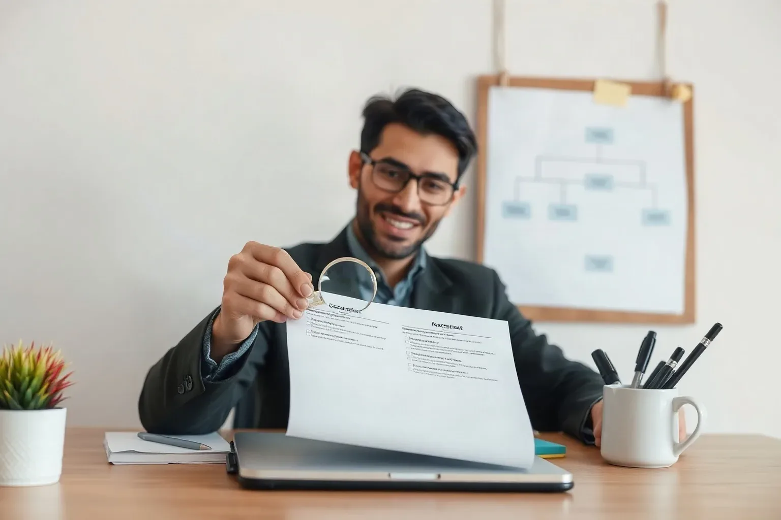 A marketing professional at a desk resting a magnifying glass on a printed checklist document and ticking completed items with a pen while a structured flowchart diagram is pinned to the corkboard behind