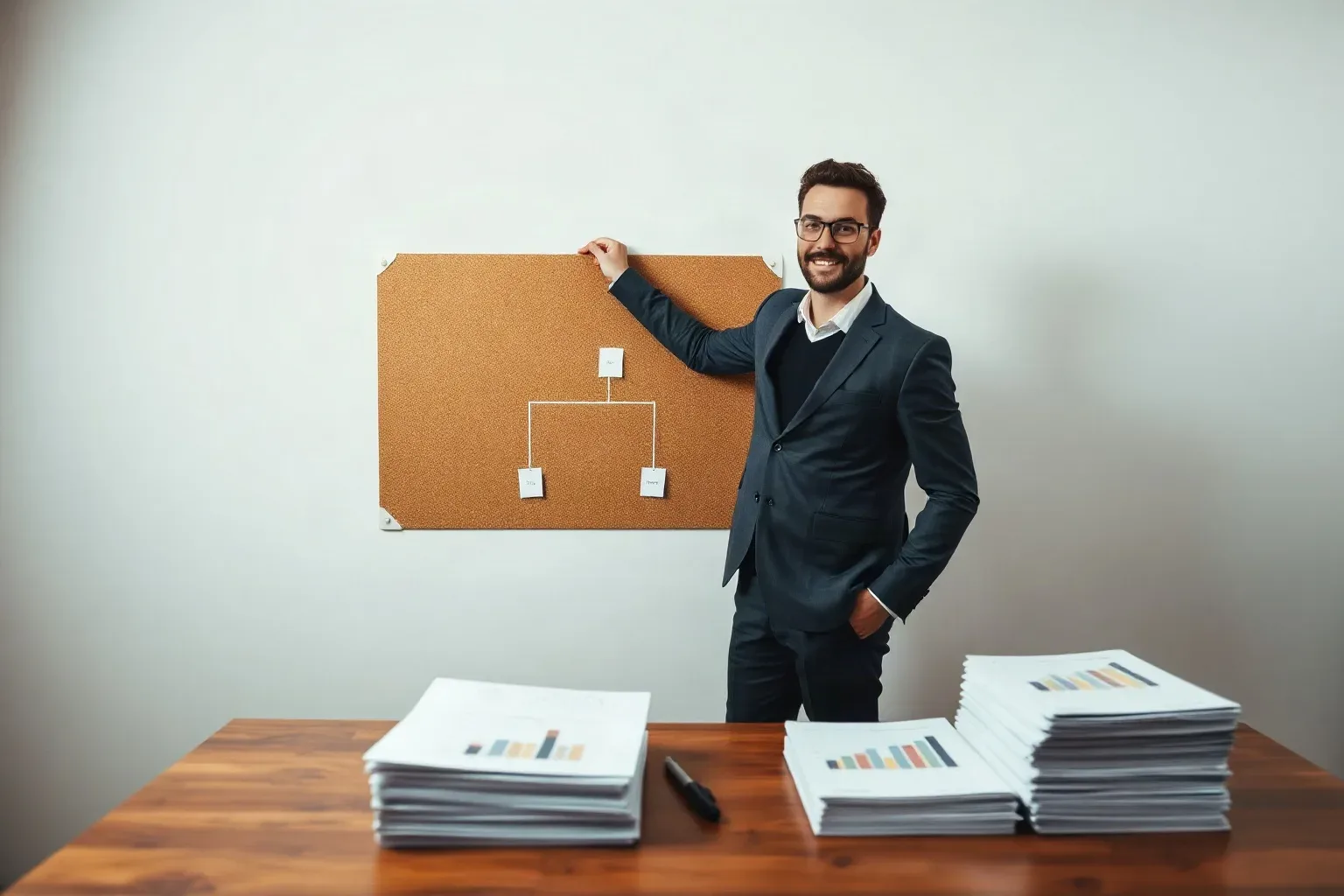 A person in a dark suit stands smiling beside a cork pinboard displaying a small hierarchy diagram, behind a desk stacked with printed chart documents