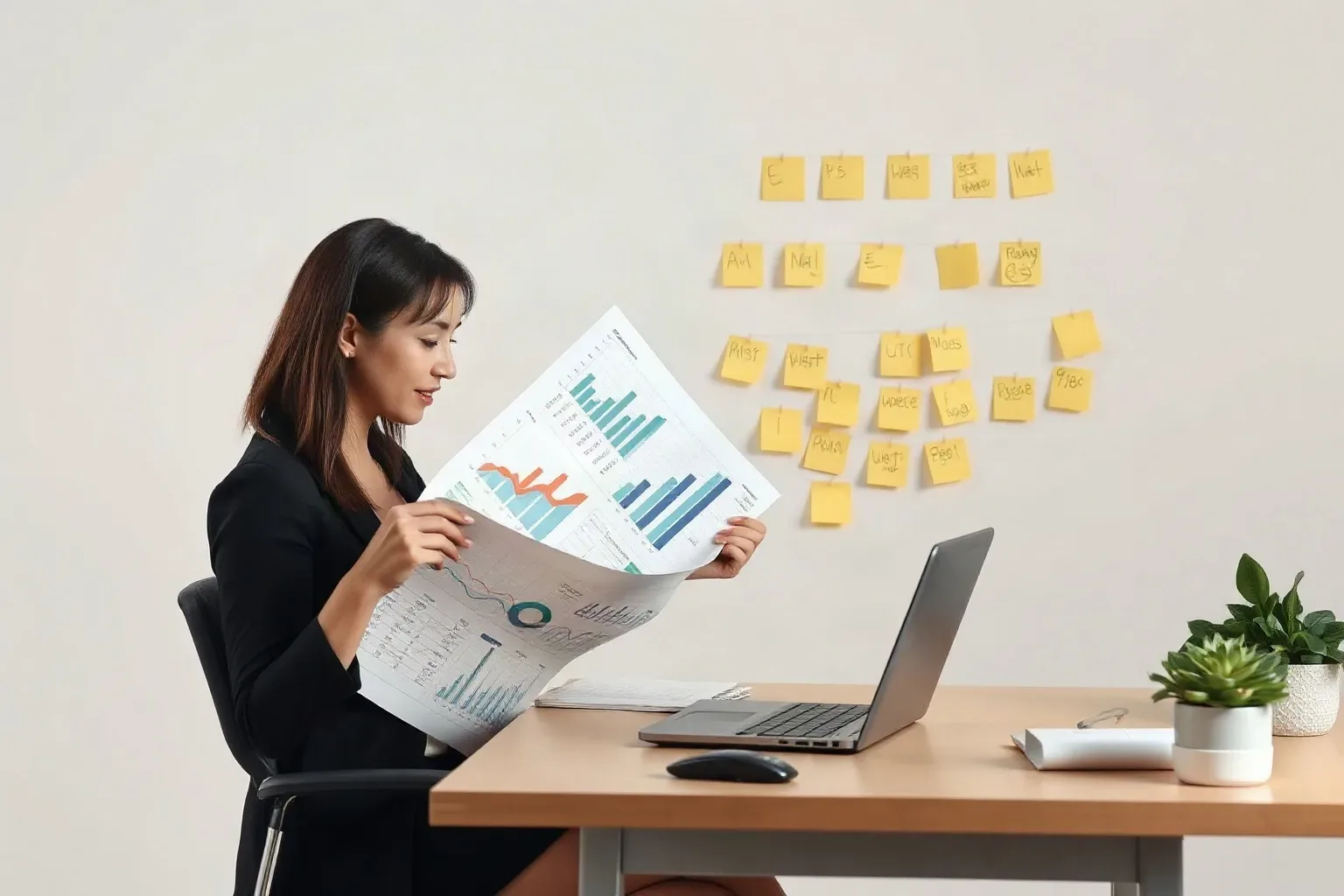 A marketing professional seated at a desk turning over printed analytics charts one by one and aligning them in a row while sticky-note keyword clusters remain pinned in a hierarchy on the background wall