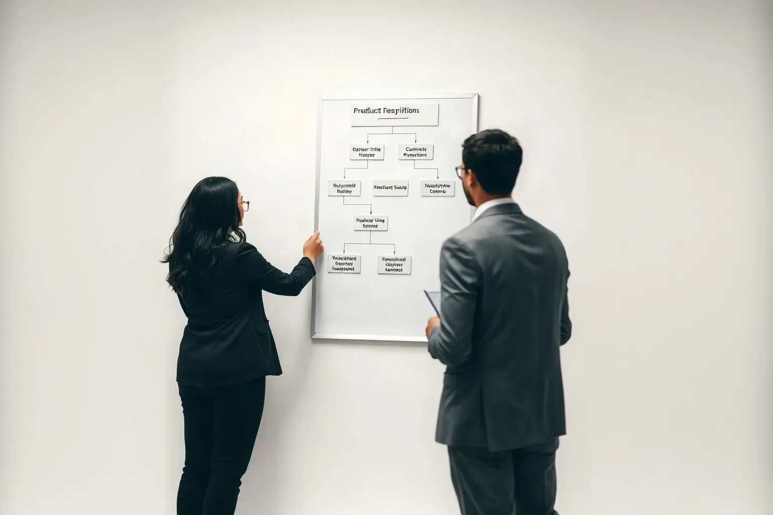 Two people in business attire stand before a whiteboard displaying a flowchart diagram