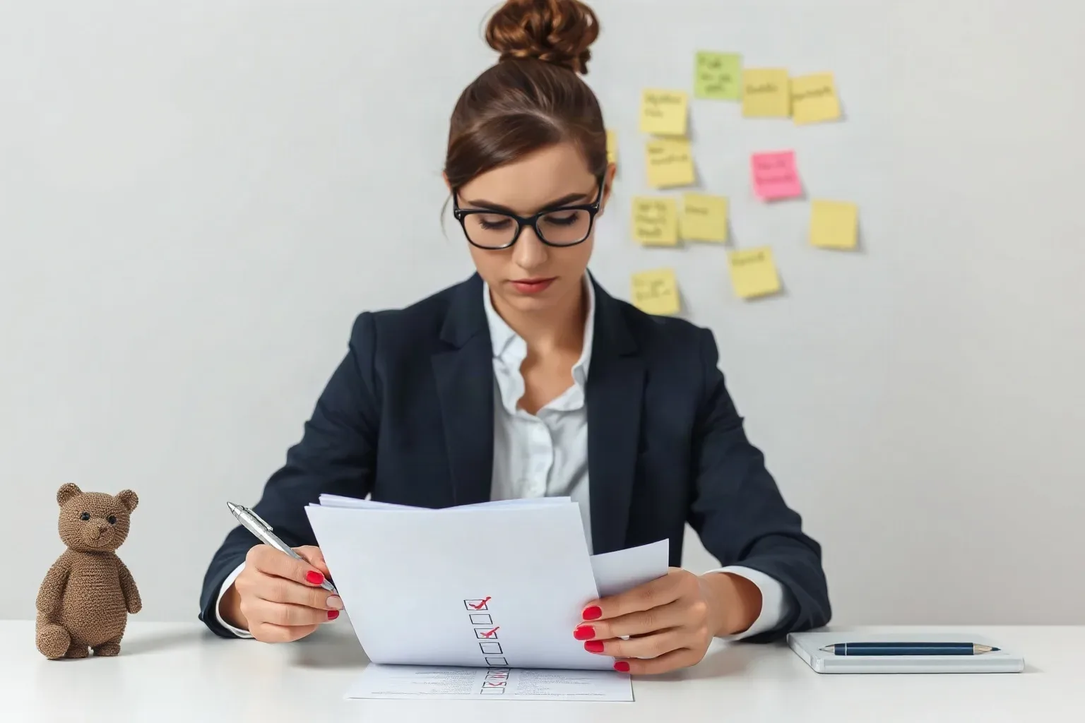 A person in a dark blazer and glasses reviews papers with a checklist at a desk, beside a small knitted bear and sticky notes on the wall behind