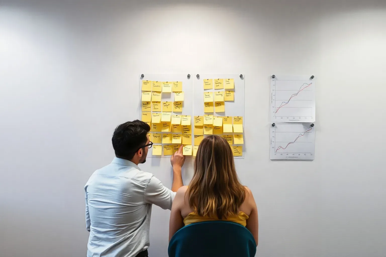 Two people stand at a wall covered in yellow sticky notes arranged across two large sheets of paper, with printed line graphs pinned nearby