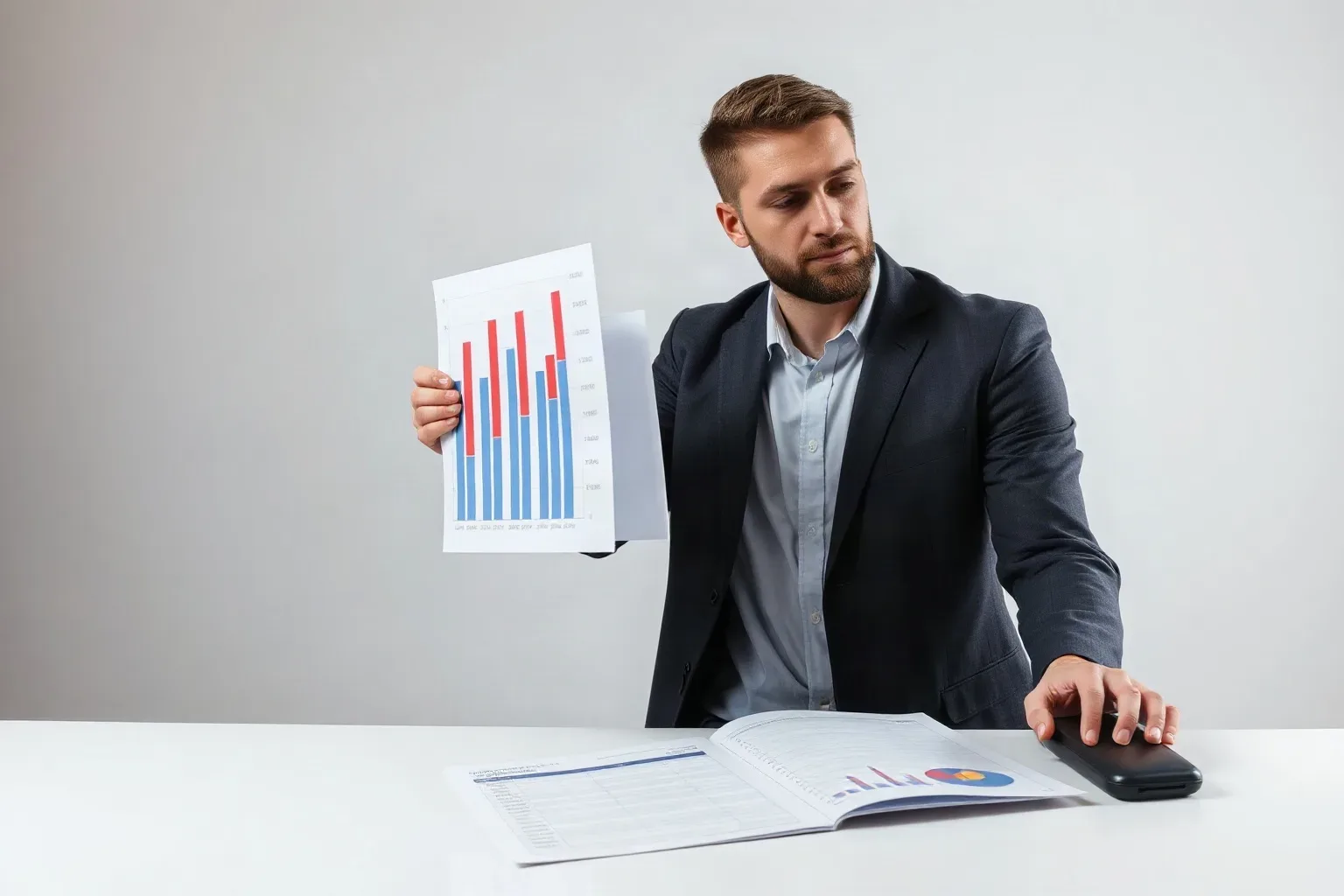 A person in a dark blazer sits at a white desk holding up a printed bar chart whilst resting a hand on an open report and a smartphone