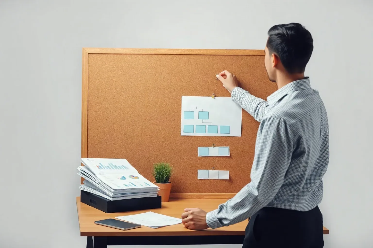 A person pins a flowchart diagram to a corkboard above a desk stacked with printed charts and documents