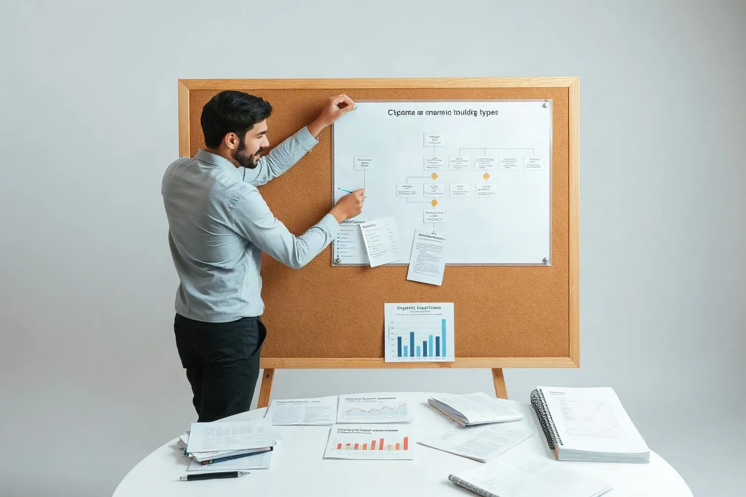 A marketing professional standing at a corkboard pinning a structured flowchart diagram that shows how client case studies map to comparable business types while printed bar charts of organic traffic outcomes are arranged below