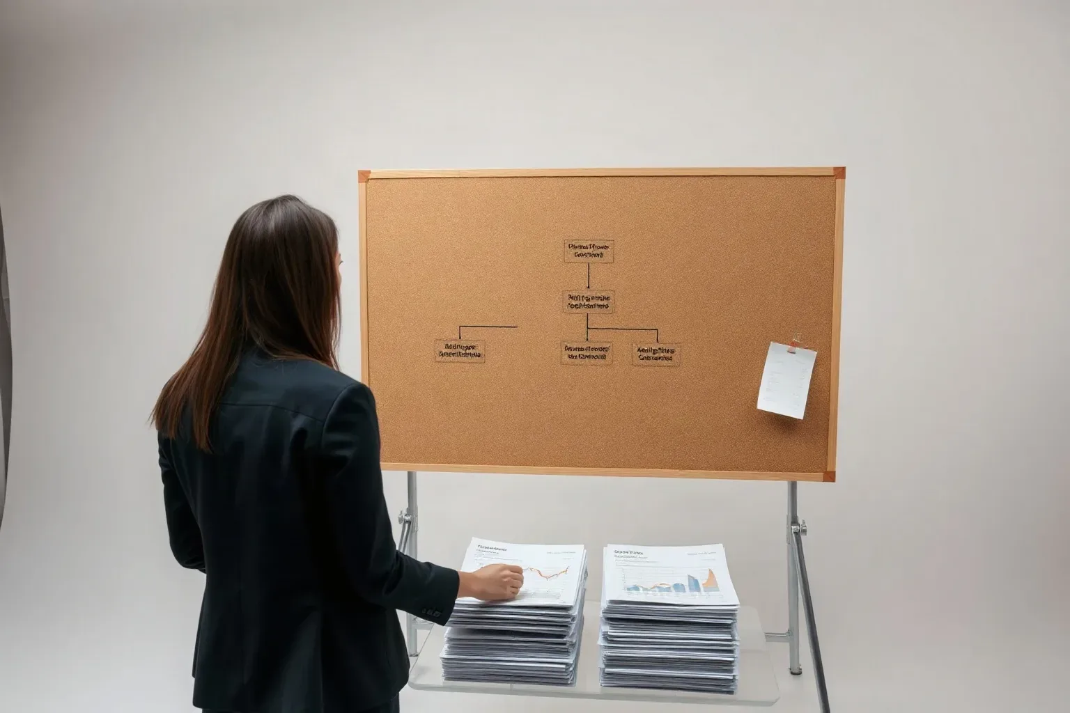 A marketing professional at a corkboard extending a structured flowchart diagram with a branch that connects vetting questions to red-flag outcomes while printed analytics charts are stacked at the base of the board