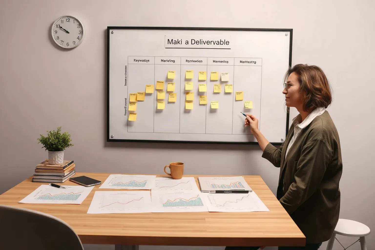 A person stands at a whiteboard covered in yellow sticky notes arranged in columns, holding a marker, with printed charts spread across a desk in front of them