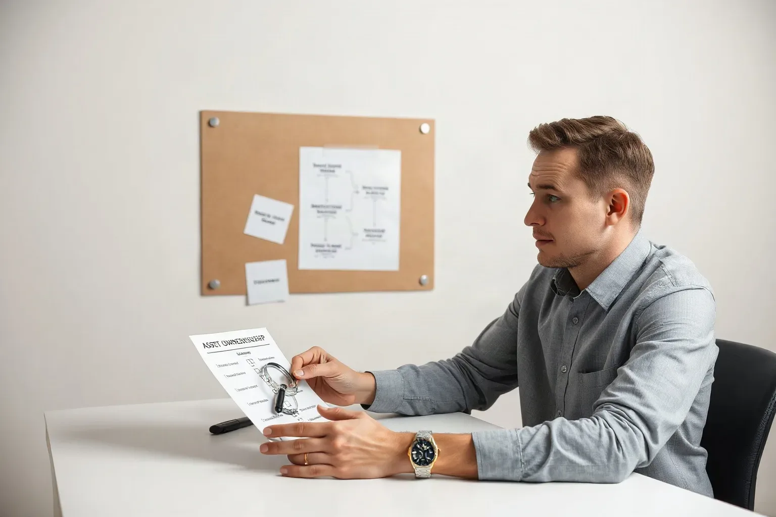 A person in a grey shirt sits at a white desk holding a document with a key attached, glancing towards a corkboard with pinned papers on the wall behind them