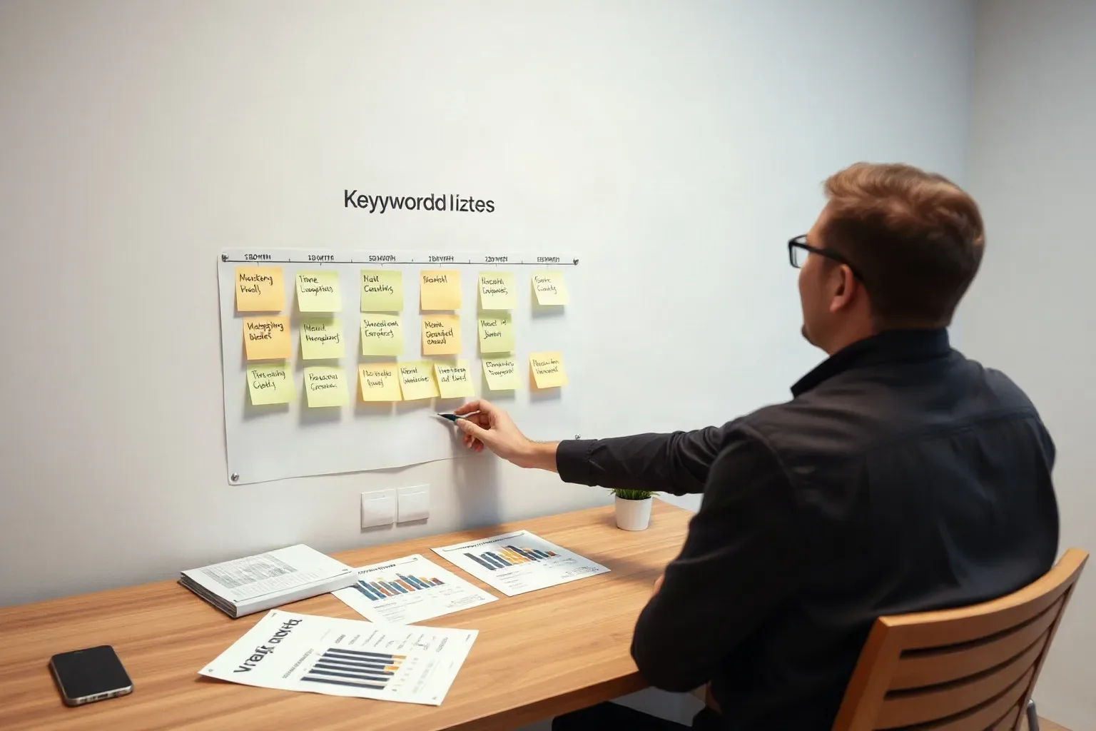 A marketing professional at a wall planning area labelling sticky-note keyword clusters with three-month, six-month, and twelve-month timeline markers and arranging them into a chronological hierarchy while printed bar charts are laid on the desk