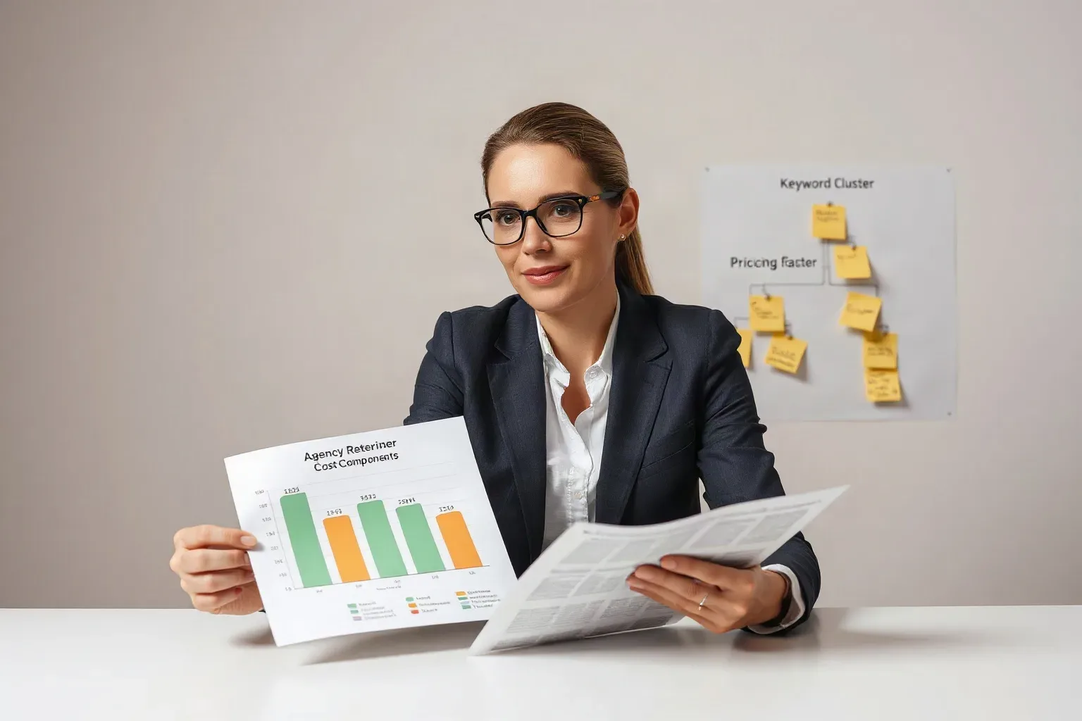 A marketing professional seated at a desk fanning printed bar charts that break down agency retainer cost components and marking each bar with a category label while a sticky-note keyword cluster hierarchy on the wall organises the pricing factors