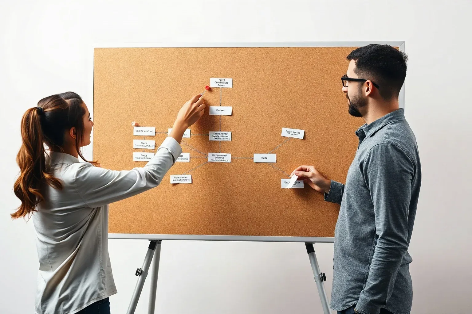 Two people arrange labelled paper cards connected by lines on a cork noticeboard mounted on an easel