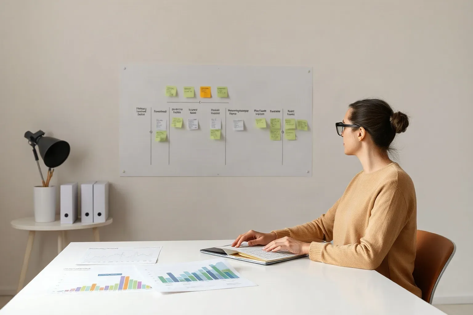 A marketing professional at a wall planning area arranging sticky-note keyword clusters by platform type into a tiered hierarchy while printed analytics charts showing rich-result impressions are spread on the desk