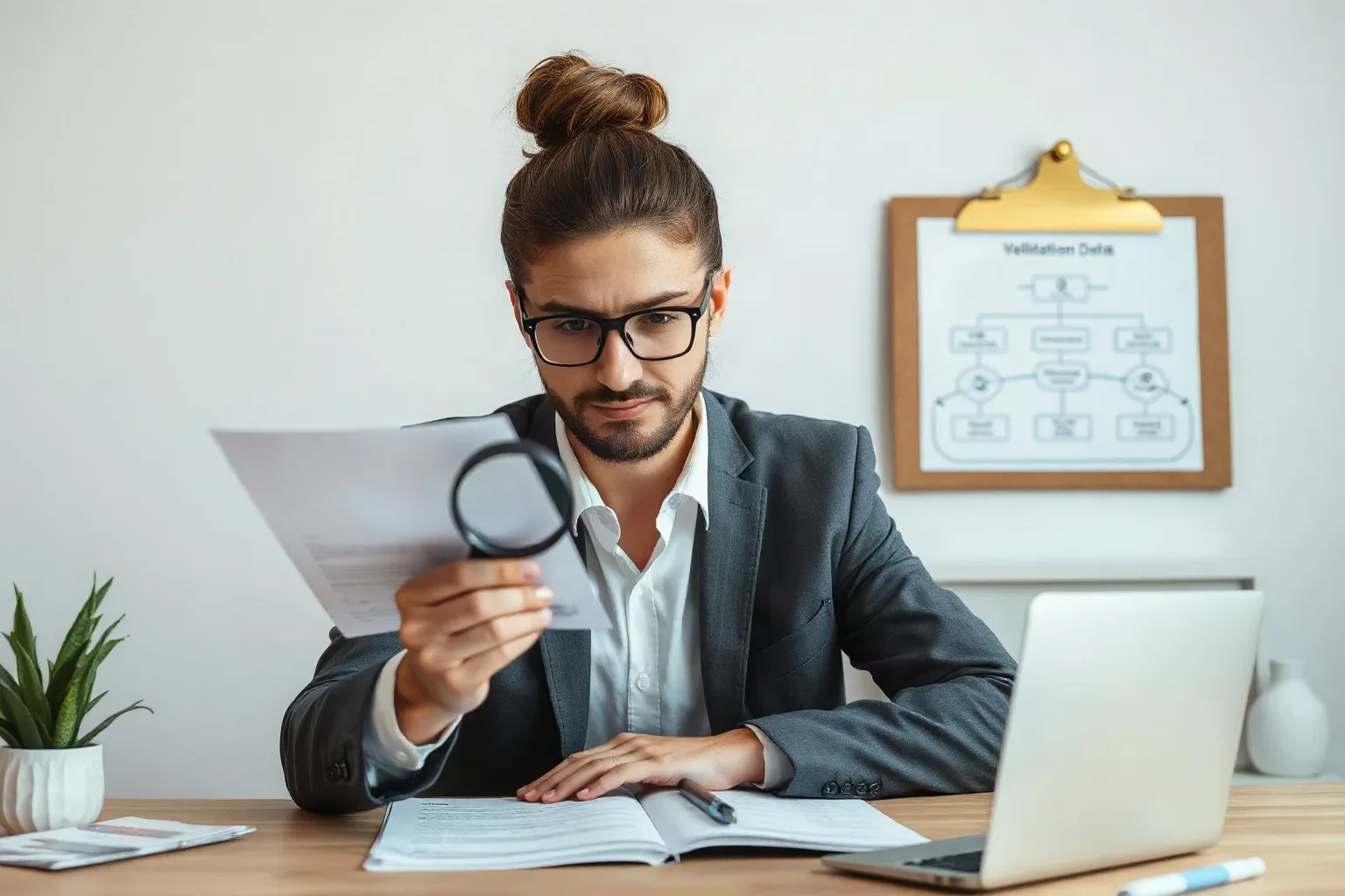 A marketing professional seated at a desk holding a magnifying glass over a printed report showing structured data error counts while a structured flowchart diagram on the nearby corkboard shows the validation workflow