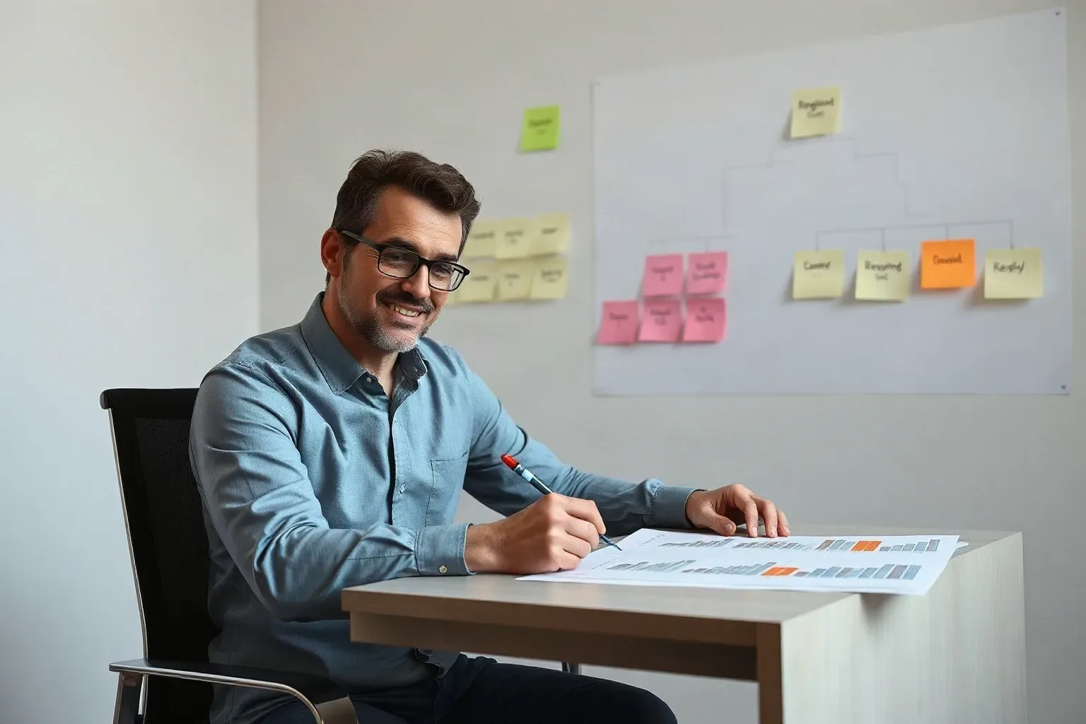A marketing professional seated at a desk circling specific bars on a printed bar chart with a coloured pen while a sticky-note keyword hierarchy on the wall behind shows regional groupings