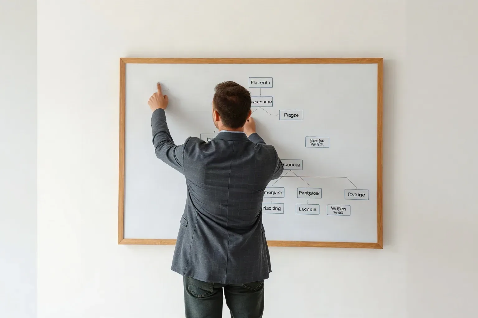 A person in a grey blazer stands with their back to the camera, pointing at a flowchart diagram drawn on a wall-mounted whiteboard