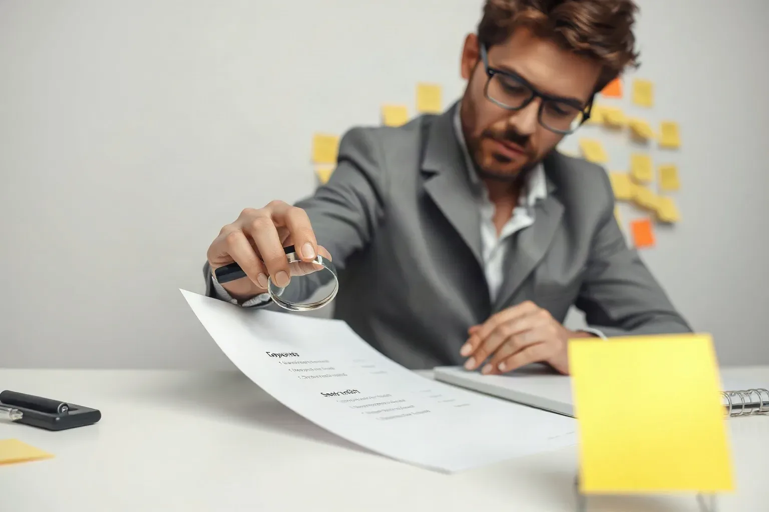 A marketing professional at a desk placing a magnifying glass on a printed document showing two columns of search-term variants while a sticky-note keyword cluster wall is visible behind
