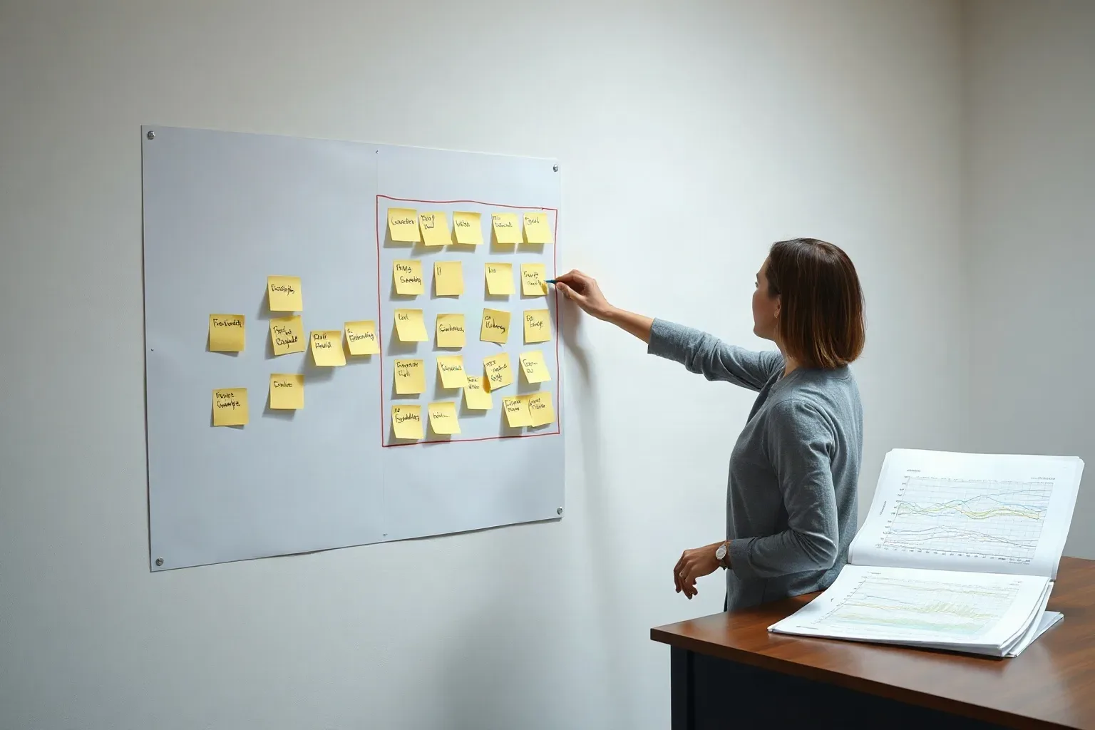 A person writes on a sticky note attached to a whiteboard covered in yellow sticky notes arranged in clusters, beside a desk holding open printed charts