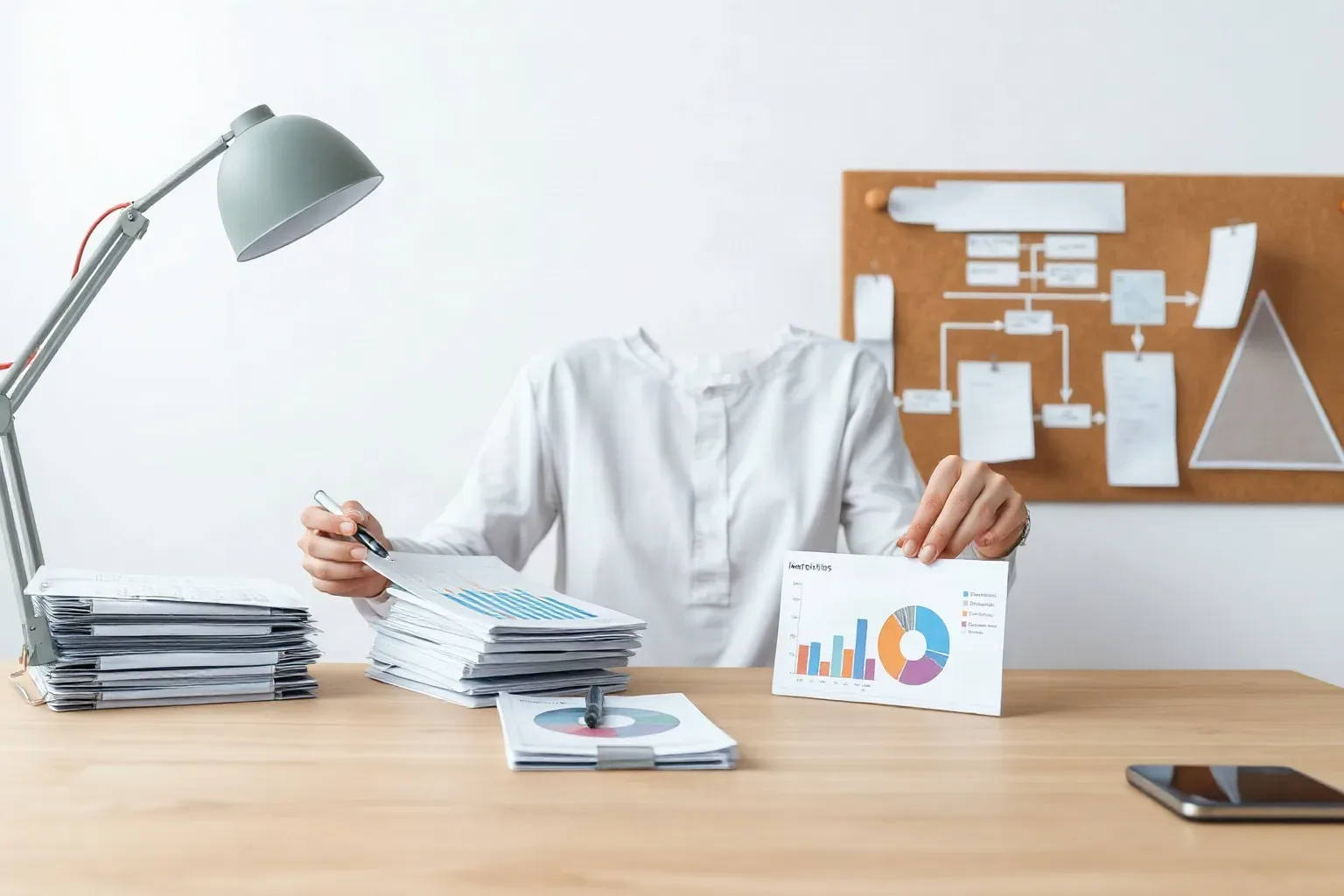 A marketing professional at a desk arranging printed bar and line analytics charts into two separate stacks while referencing a structured flowchart diagram pinned to the nearby corkboard