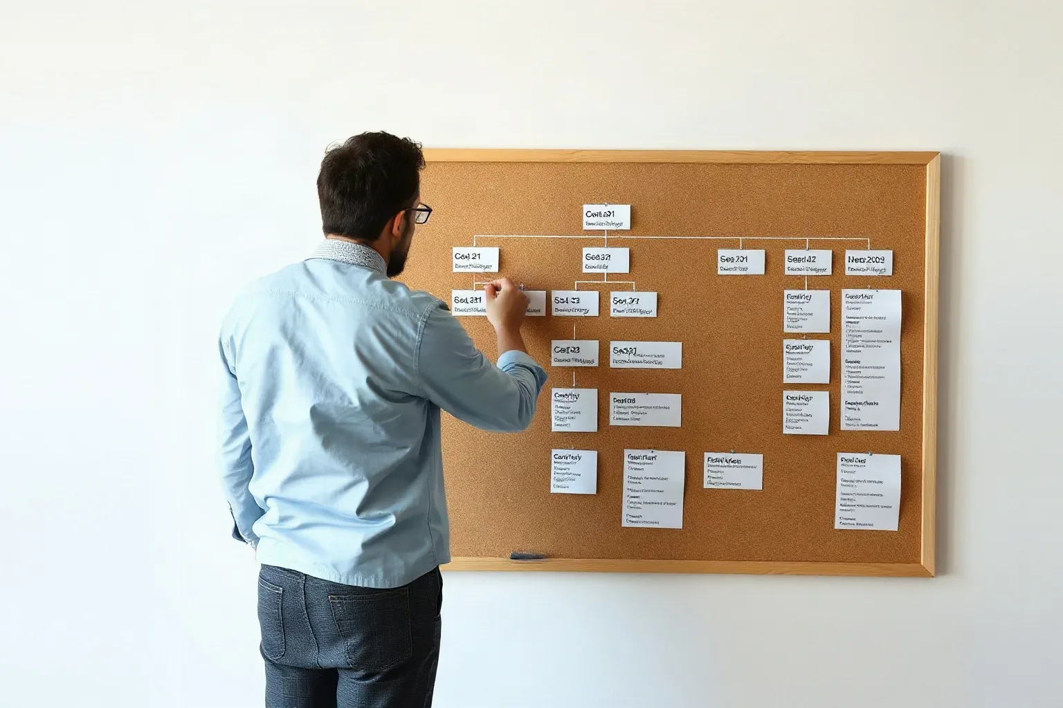 A person pins notes to a cork board displaying a hierarchical diagram made up of hand-written cards connected by lines