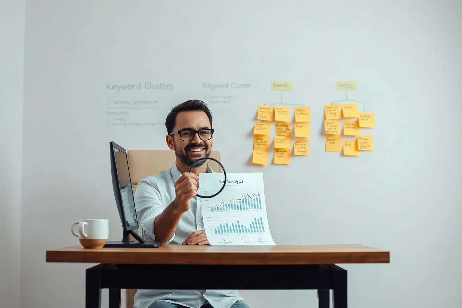 A marketing professional at a desk pressing a magnifying glass onto a printed analytics document showing year-on-year URL performance while a sticky-note keyword cluster hierarchy on the wall groups seasonal page types