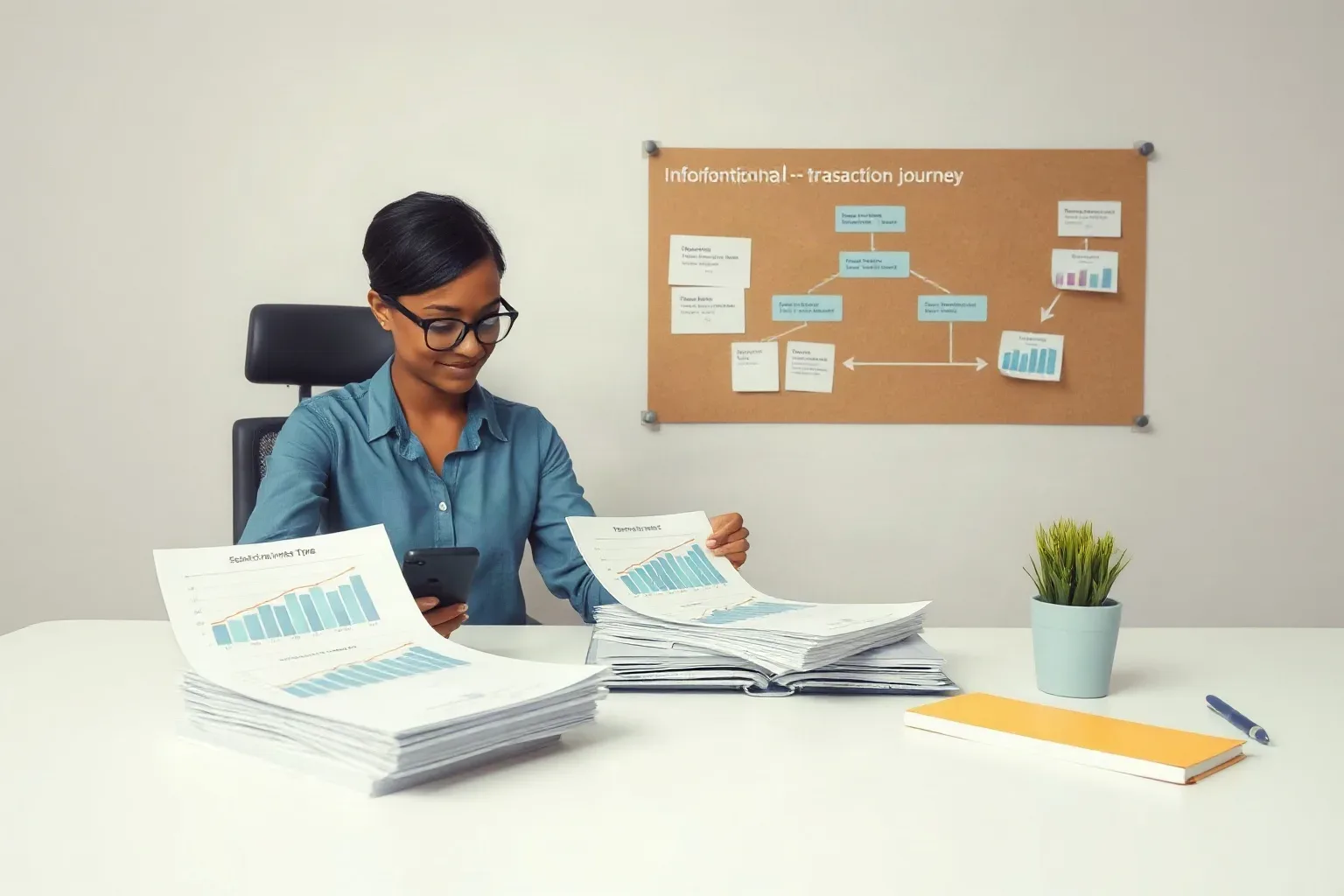 A marketing professional seated at a desk sorting printed bar and line analytics charts into two piles by search intent type while a structured flowchart diagram pinned to the corkboard shows the informational-to-transactional content journey