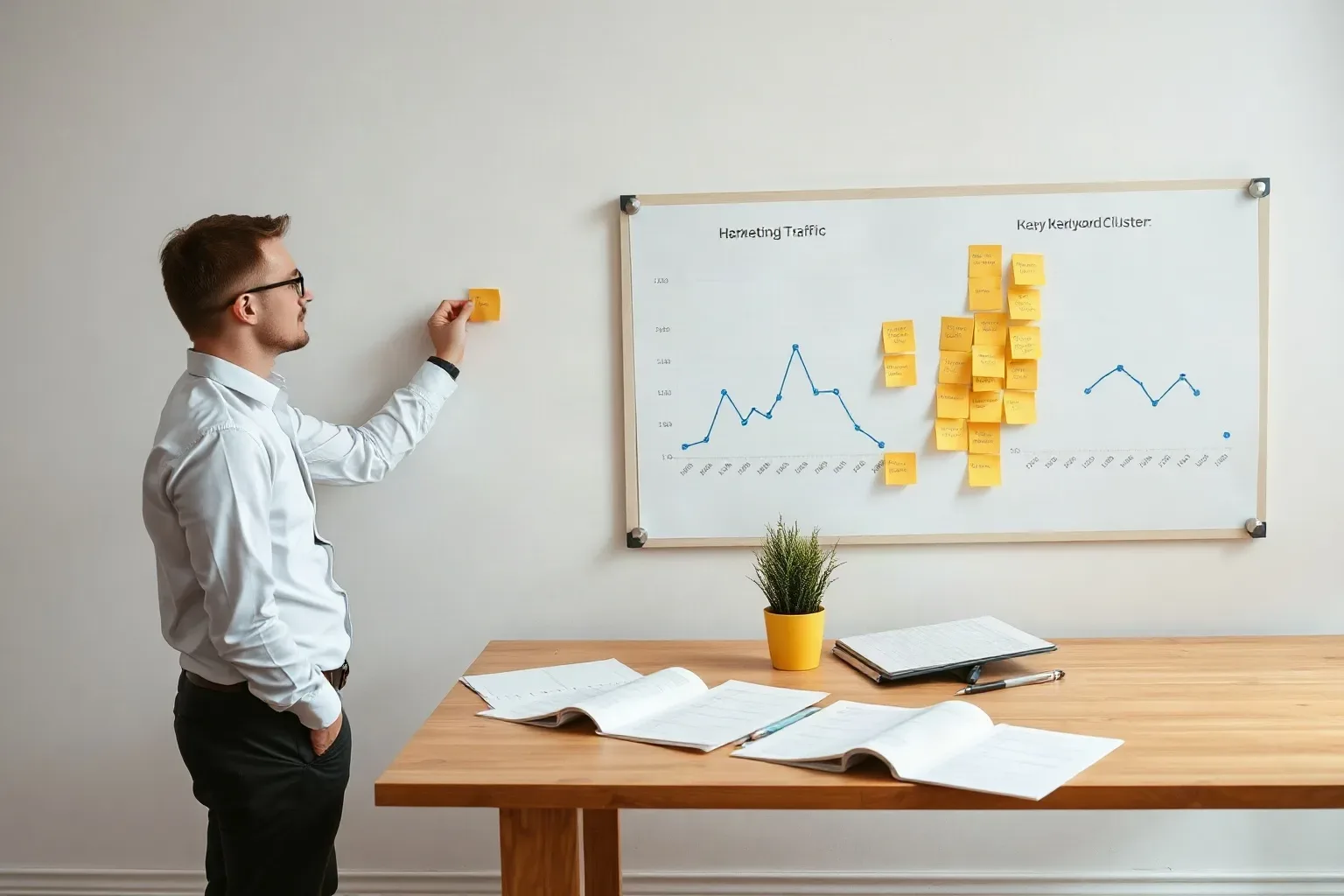 A person in a white shirt places a sticky note on a wall beside a whiteboard covered in yellow sticky notes and line charts, with open documents on a desk in front
