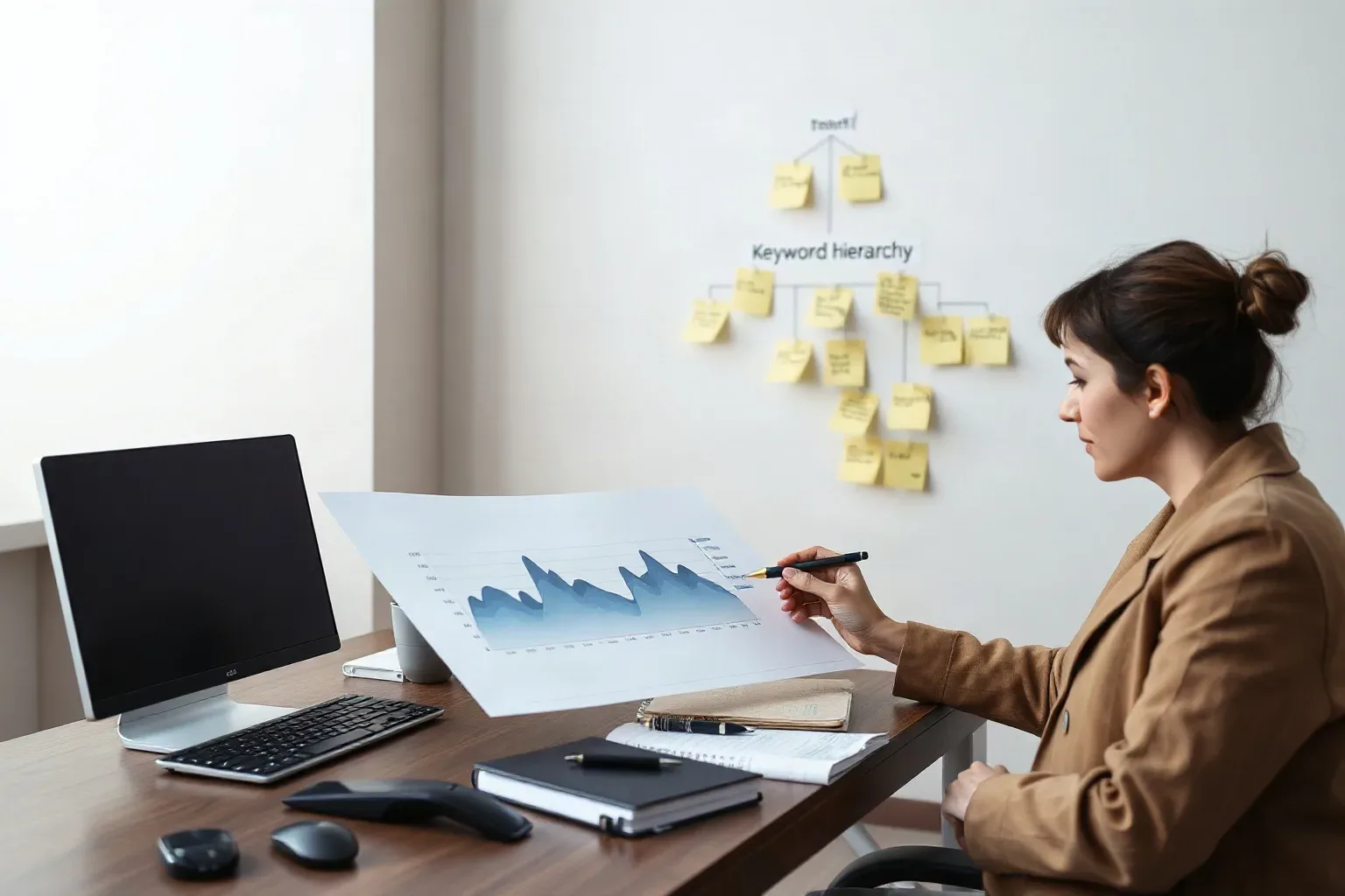 A marketing professional at a desk aligning a printed bar chart against a second printed line chart side by side and marking matching peaks with a pen while a sticky-note keyword hierarchy is visible on the wall behind