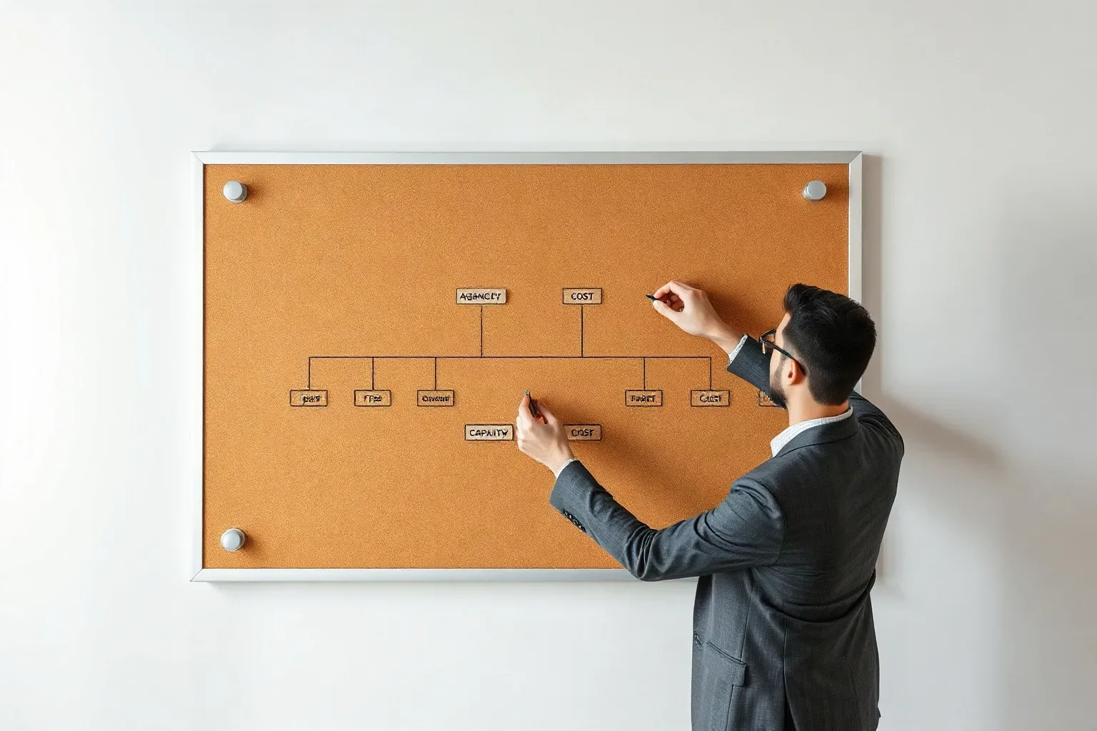 A marketing professional standing at a corkboard pinning a structured flowchart diagram that splits agency and freelancer paths into parallel branches with capability and cost nodes on each side
