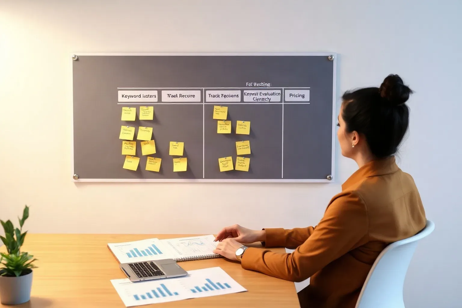 A marketing professional at a wall planning area arranging sticky-note keyword clusters into a weighted evaluation hierarchy with track record at the top tier and pricing at the bottom while printed bar charts are spread on the desk