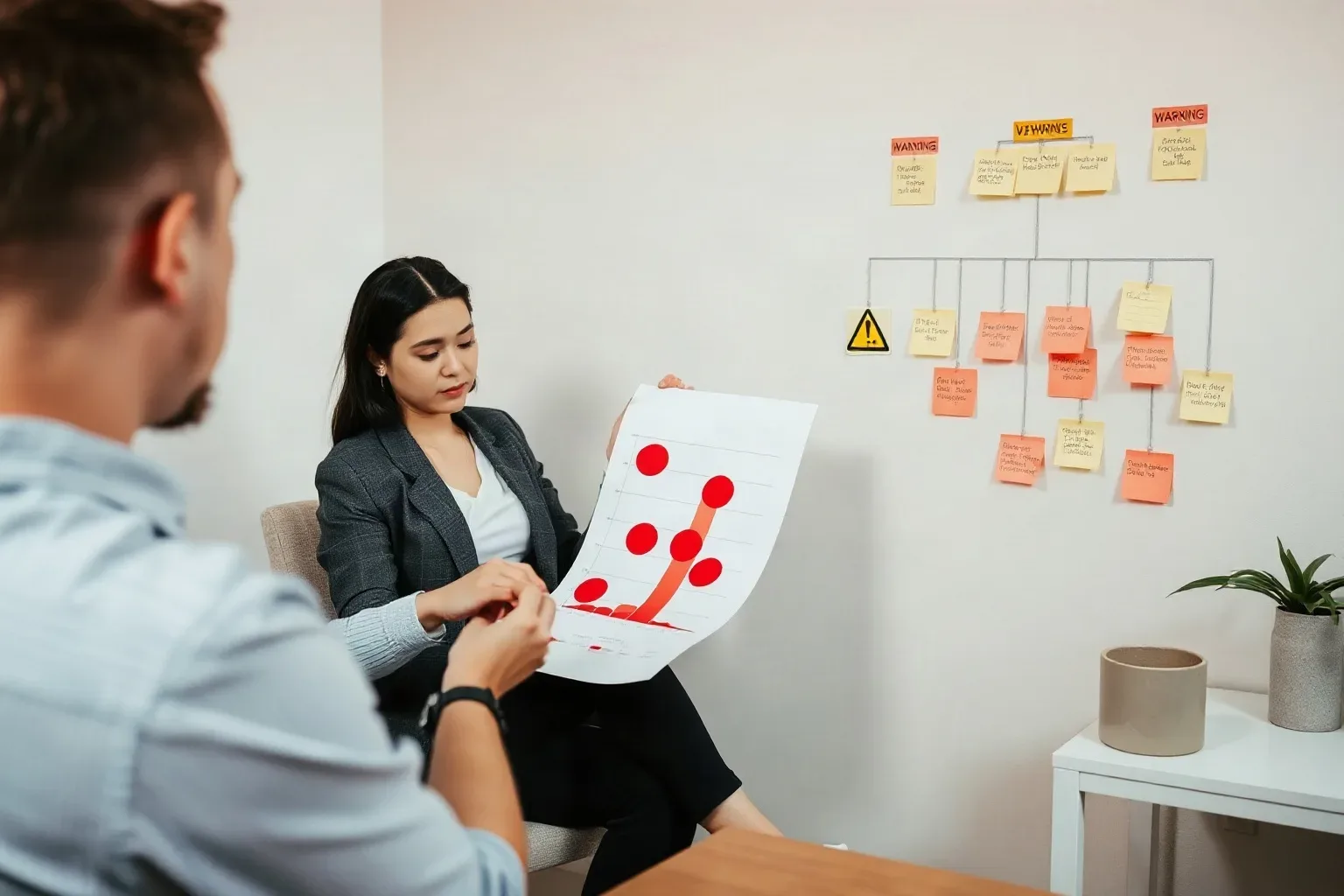 Two people sit in a small office reviewing a printed chart showing an upward trend, with sticky notes arranged in a hierarchy on the wall behind them