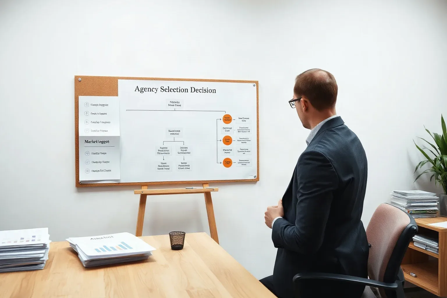 A person in a dark suit stands at a whiteboard displaying a flowchart headed 'Agency Selection Decision', beside a corkboard with listed notes, in a small office