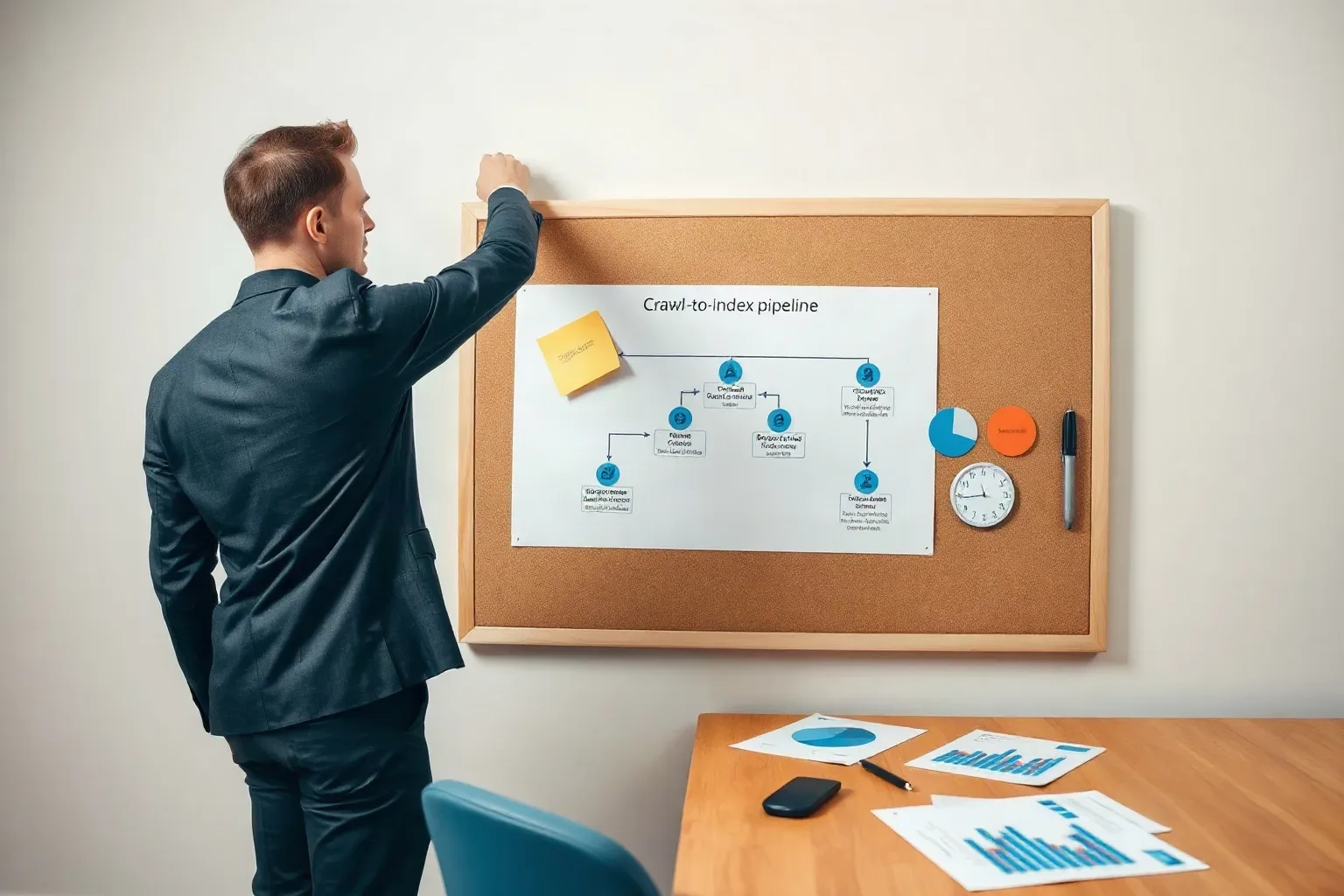 A marketing professional standing at a corkboard pinning a structured flowchart diagram that shows the crawl-to-index pipeline with error categories branching off each stage while printed bar charts are spread on the desk below