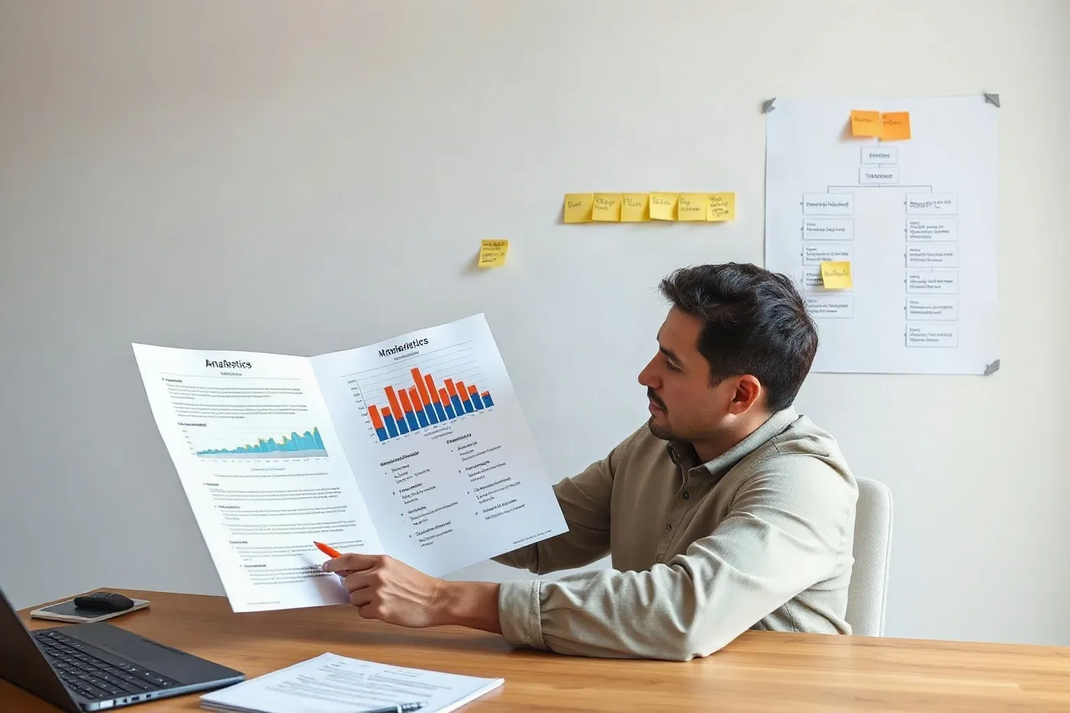 A marketing professional seated at a desk comparing two printed analytics documents side by side and highlighting mismatches in title-tag data with a coloured pen while a sticky-note keyword cluster hierarchy on the wall groups on-page element types