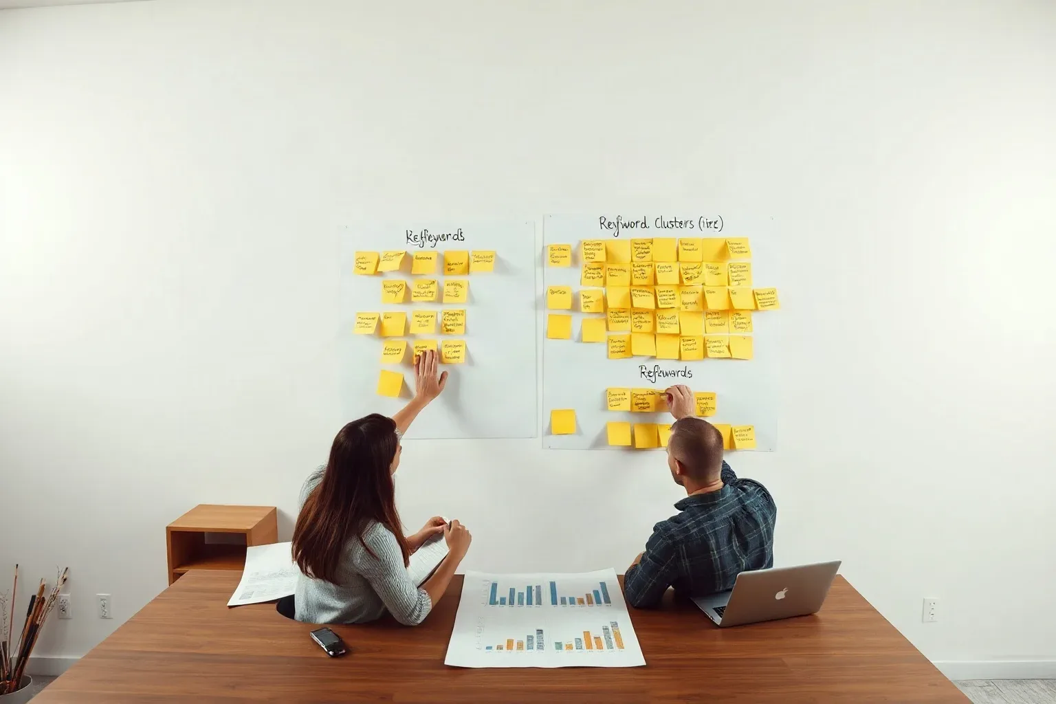Two people sit at a wooden desk arranging yellow sticky notes into clusters on large wall-mounted sheets, with a bar chart printout on the desk between them