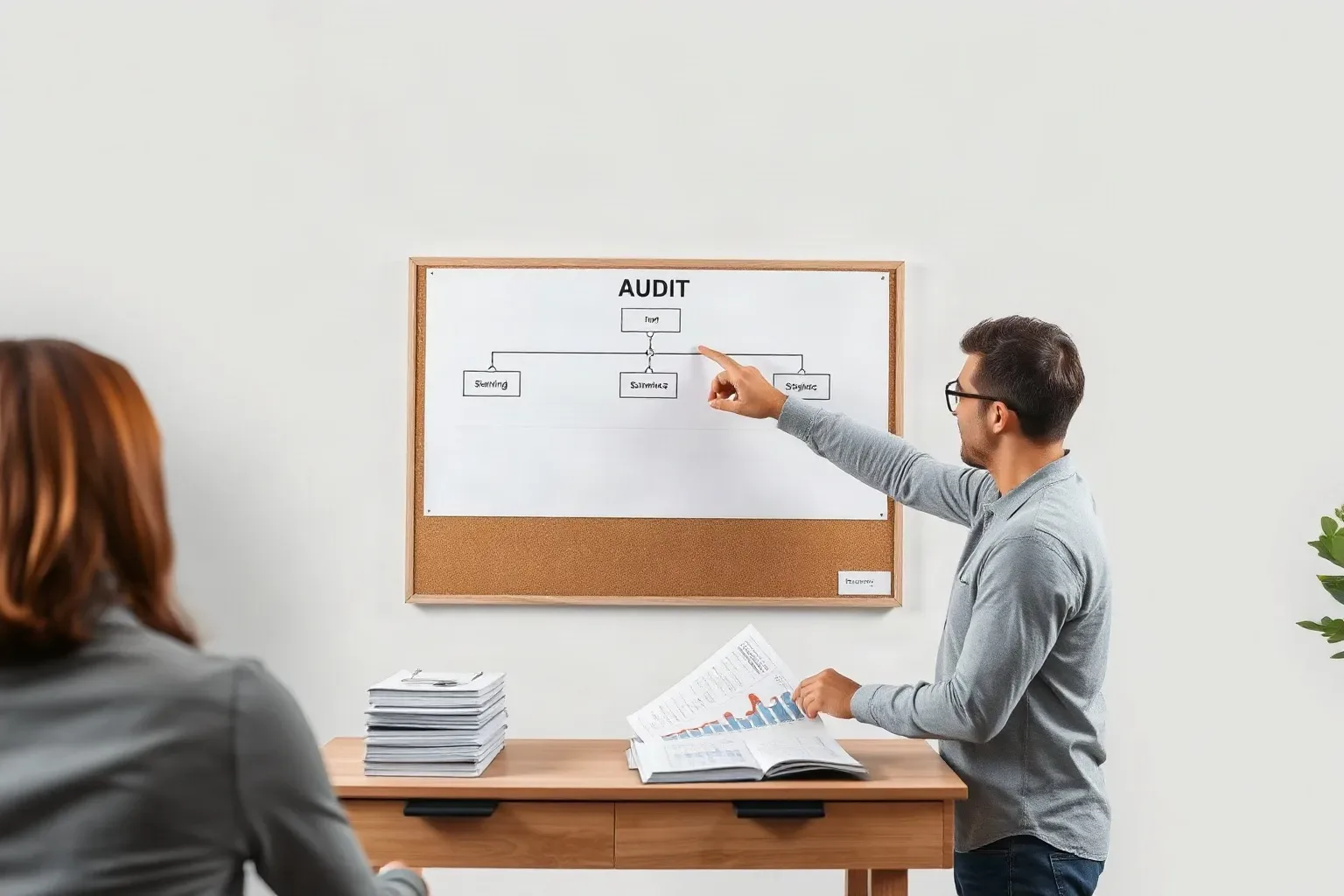 A person points at a flowchart diagram pinned to a corkboard whilst holding a report with bar charts, as another person watches from a desk
