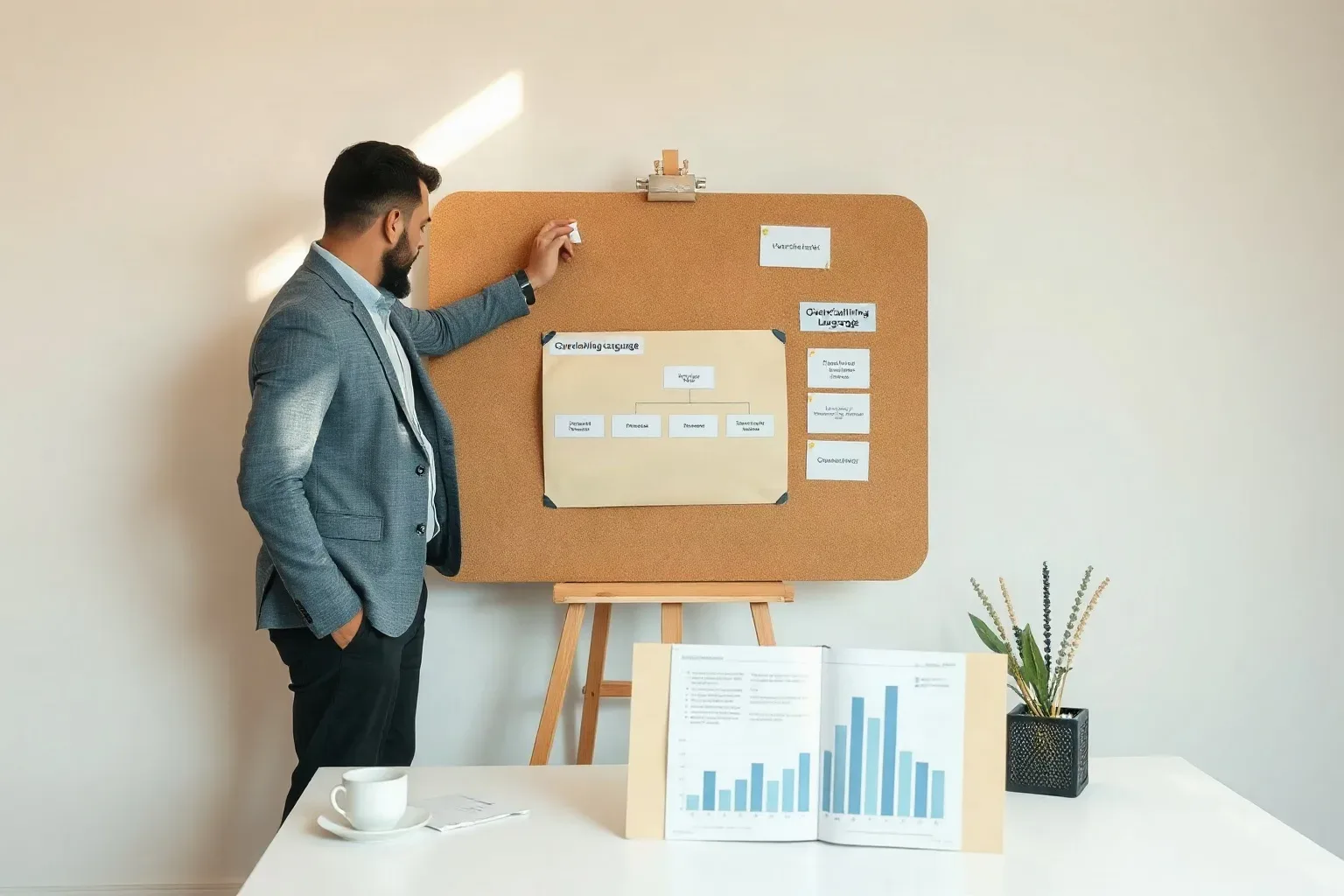 A marketing professional standing at a corkboard pinning a structured flowchart diagram that maps overclaiming language to underlying risks while printed bar charts are spread across the desk below