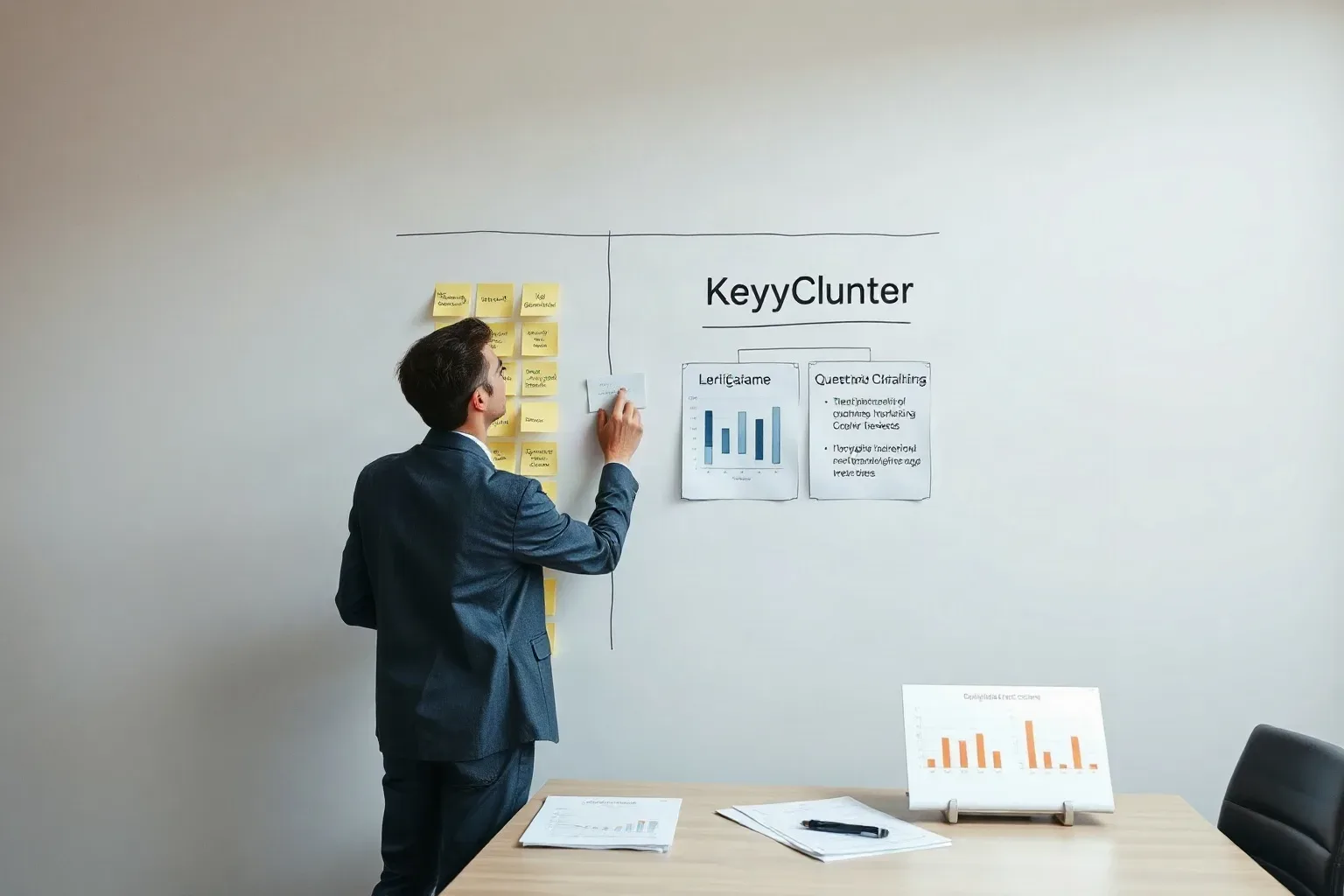A marketing professional standing at a wall planning area labelling the top tier of a sticky-note keyword cluster hierarchy with verification criteria while printed analytics bar charts showing legitimate versus questionable performance claims are laid on the desk