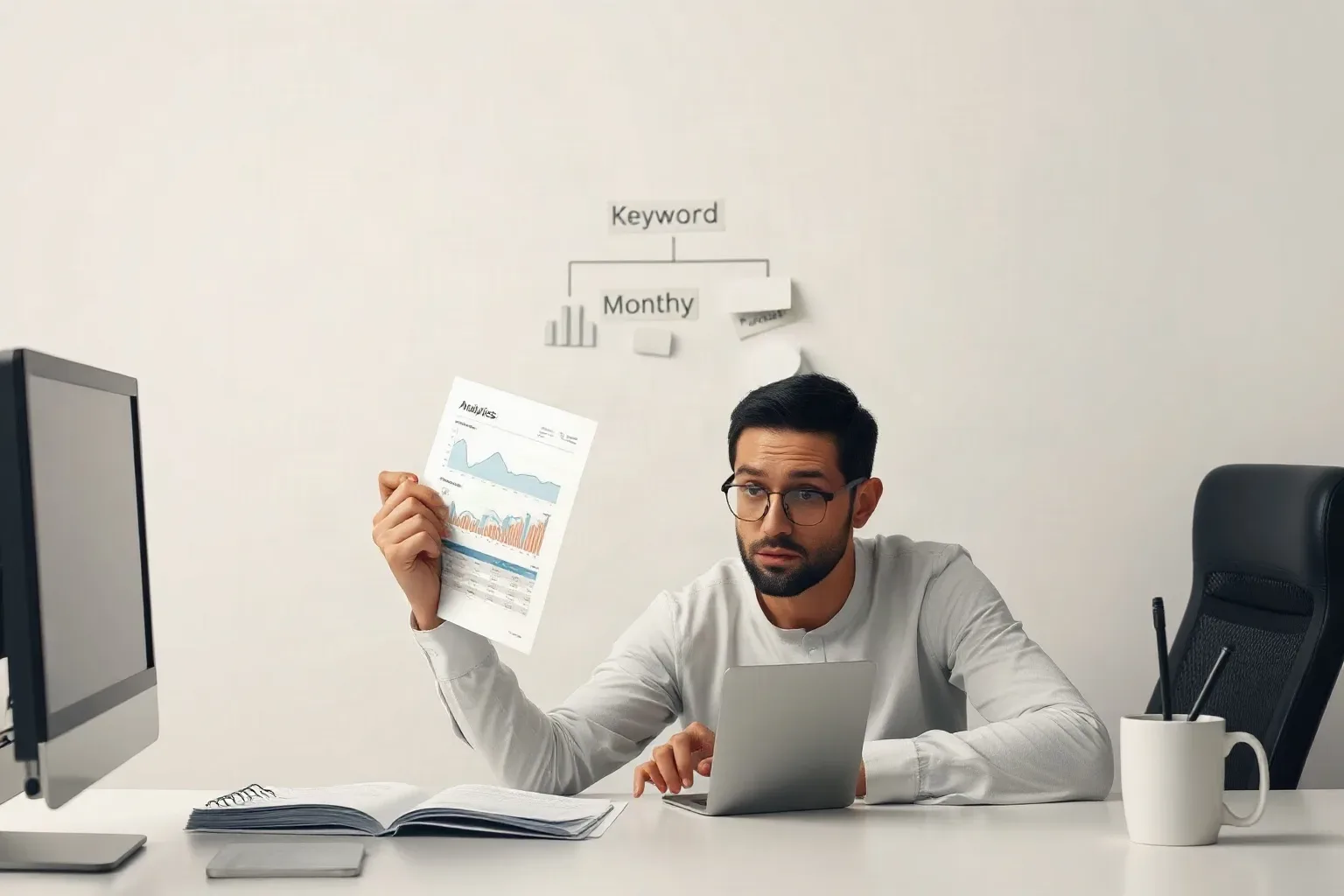A marketing professional at a desk holding a printed analytics report up and scrutinising it while a sticky-note keyword cluster hierarchy on the wall labels what a compliant monthly report should include
