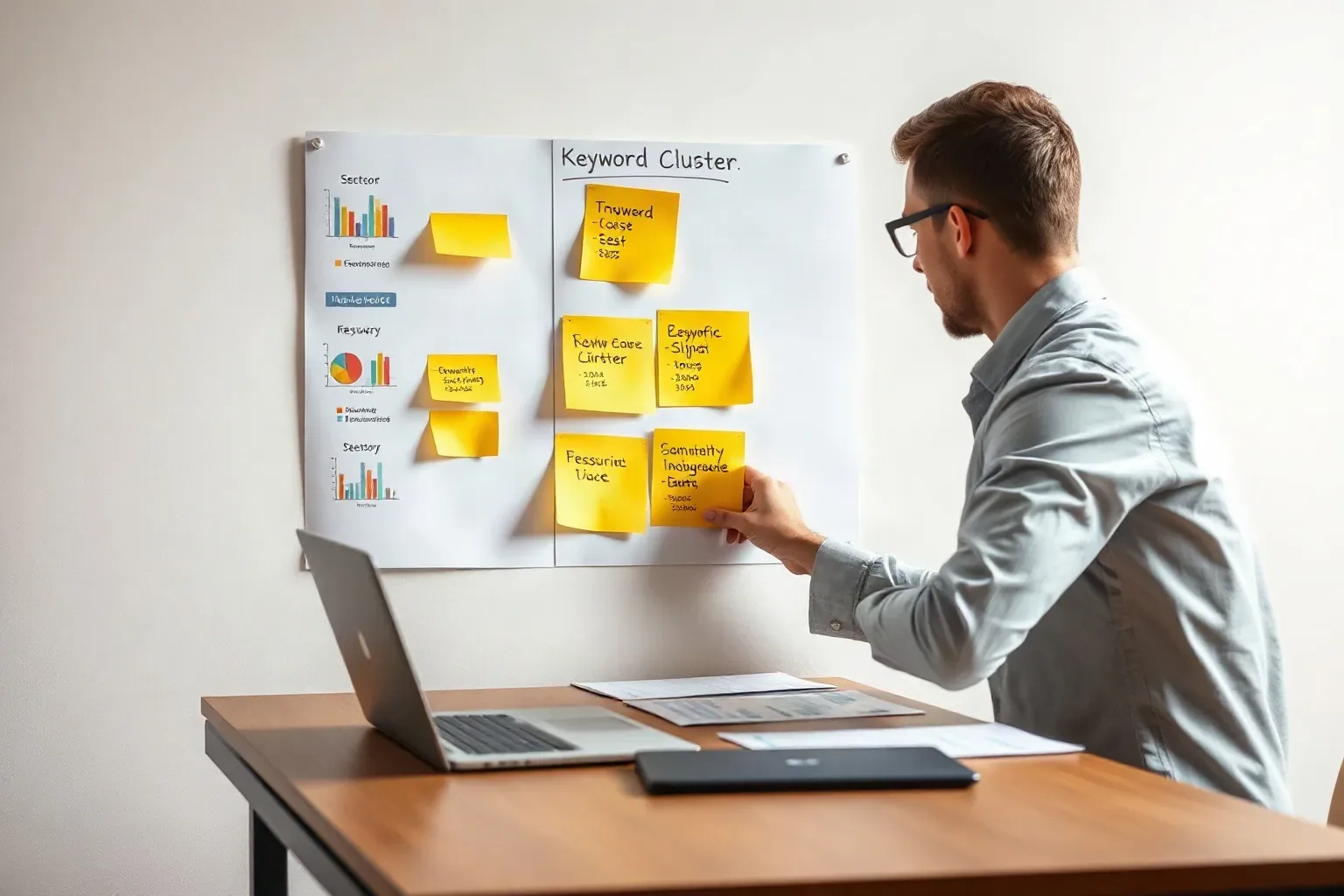 A marketing professional at a wall planning area pulling a generic sticky note out of a keyword cluster hierarchy and replacing it with an industry-specific one while printed bar charts showing sector-differentiated keyword data are spread on the desk